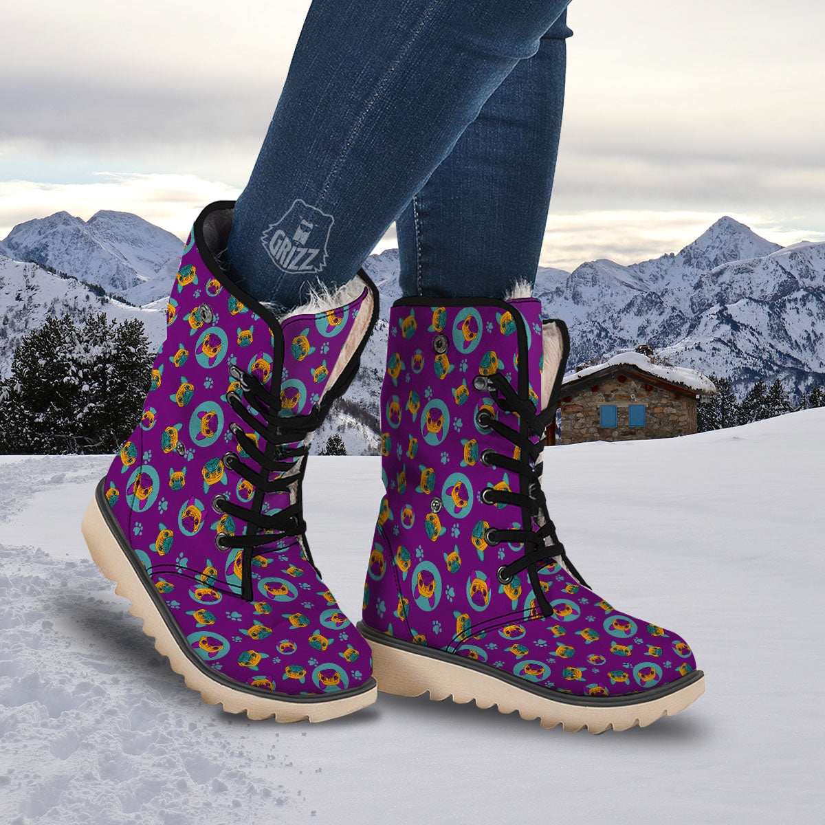 Boston Terrier Purple Print Pattern Snow Boots-grizzshop