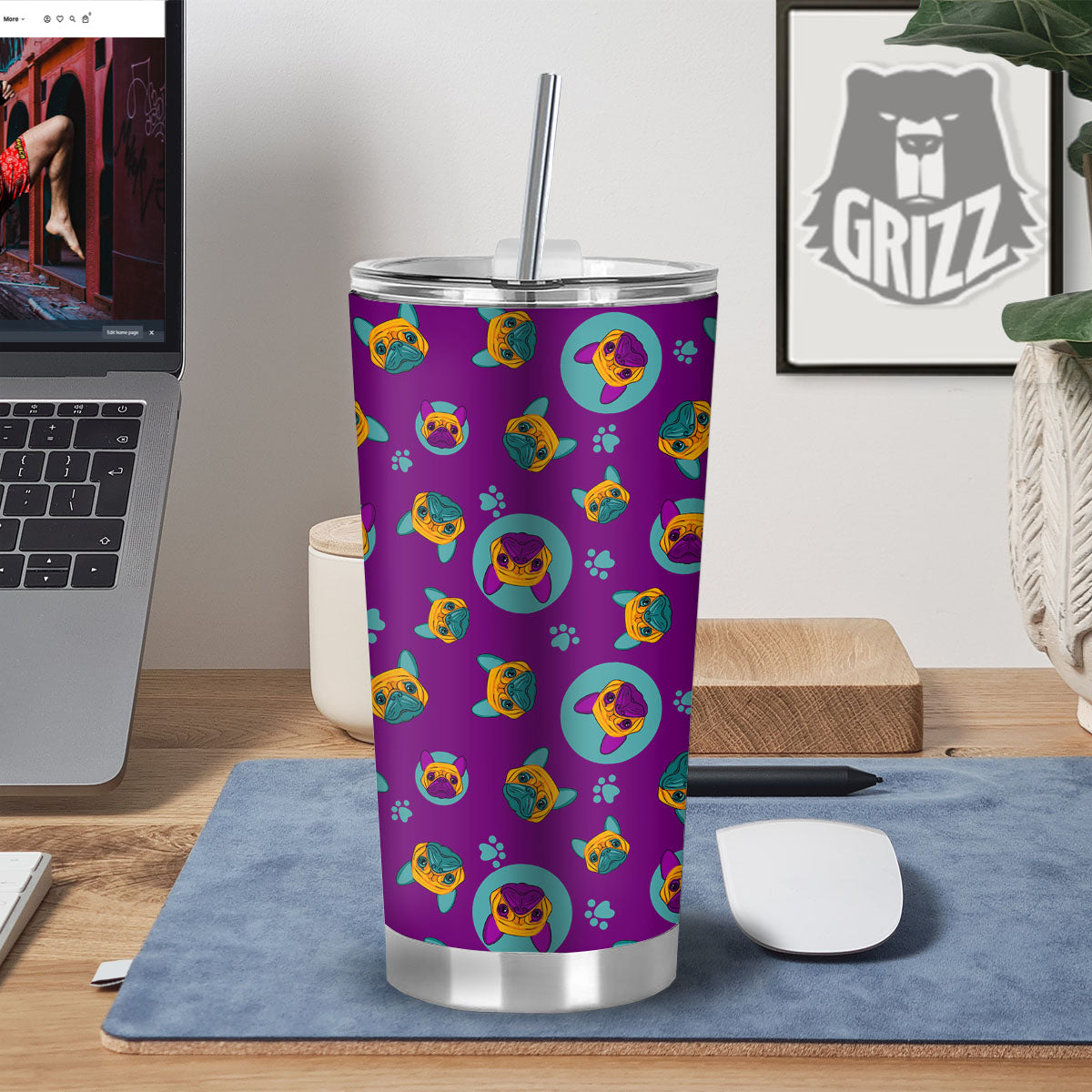 Boston Terrier Purple Print Pattern Tumbler-grizzshop