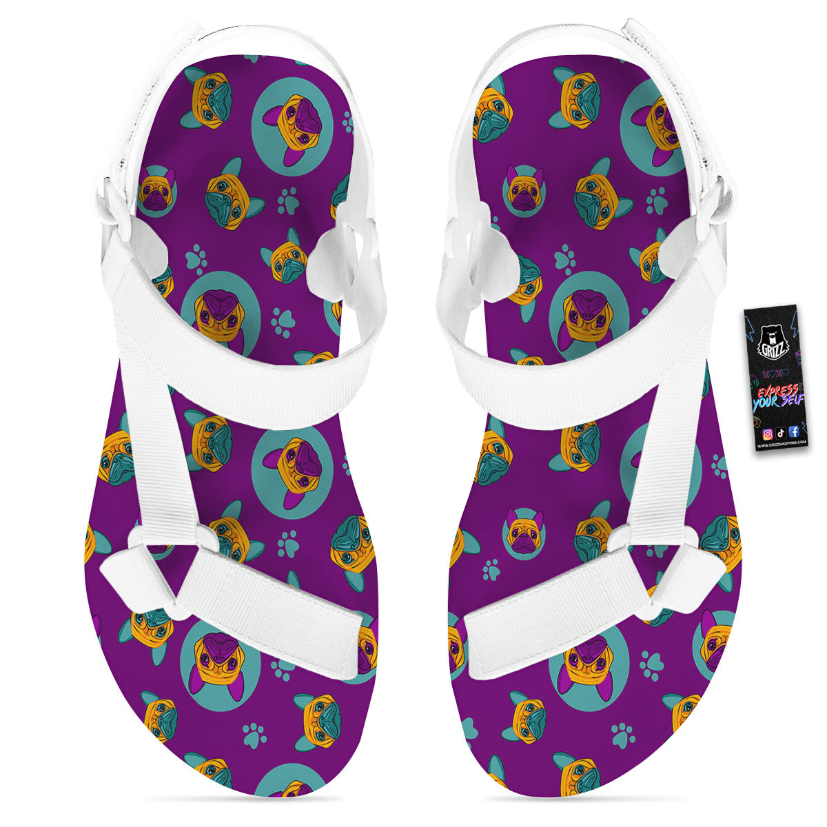 Boston Terrier Purple Print Pattern White Open Toe Sandals-grizzshop
