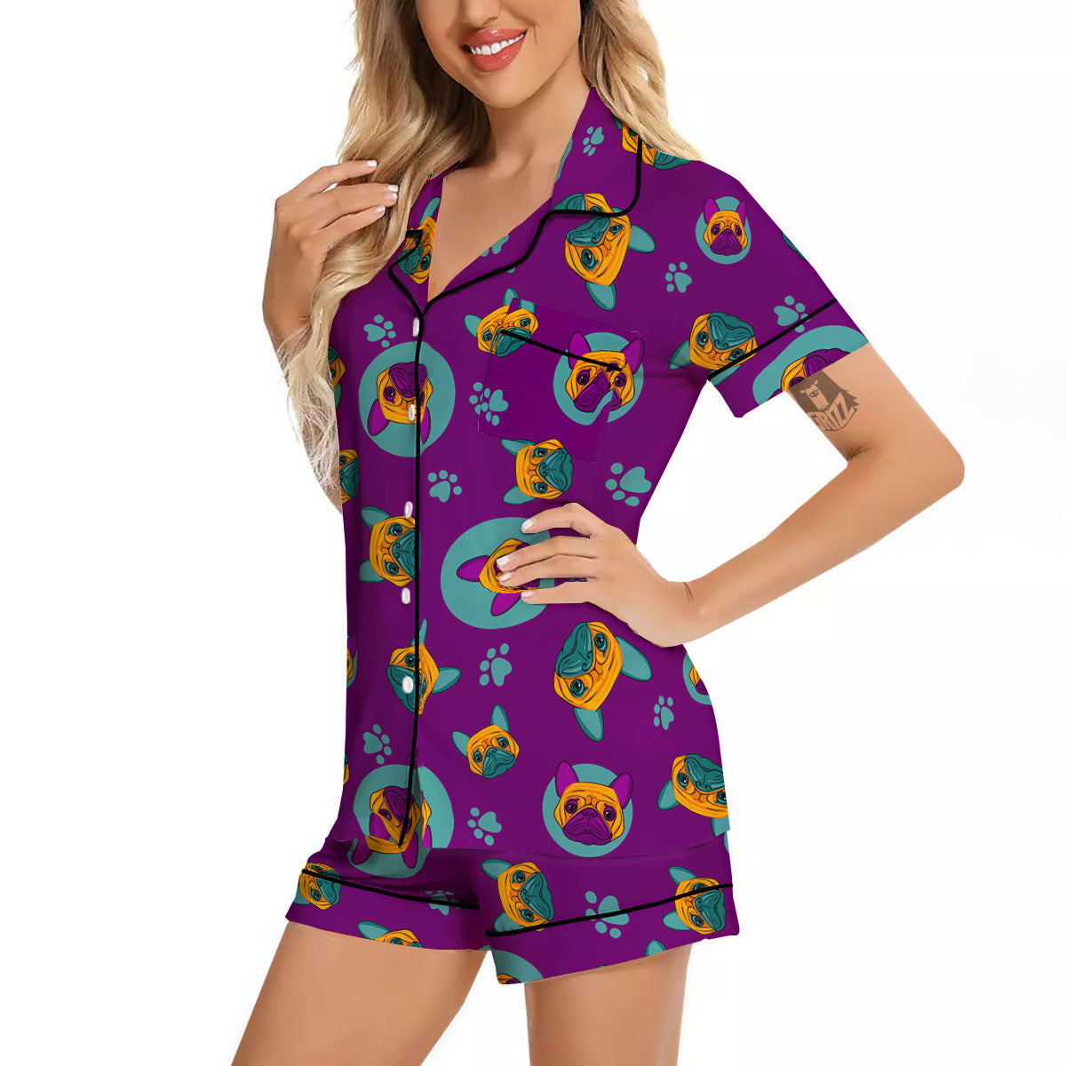 Boston Terrier Purple Print Pattern Women Silk Pajamas-grizzshop