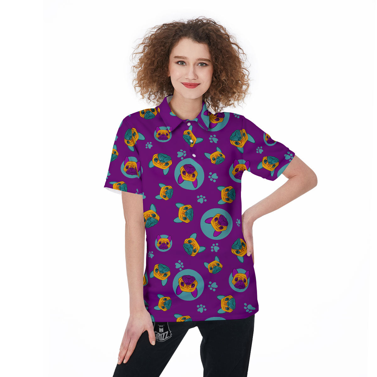 Boston Terrier Purple Print Pattern Women's Golf Shirts-grizzshop