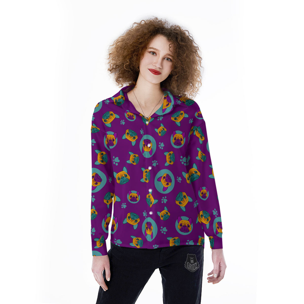 Boston Terrier Purple Print Pattern Women's Long Sleeve Shirts-grizzshop