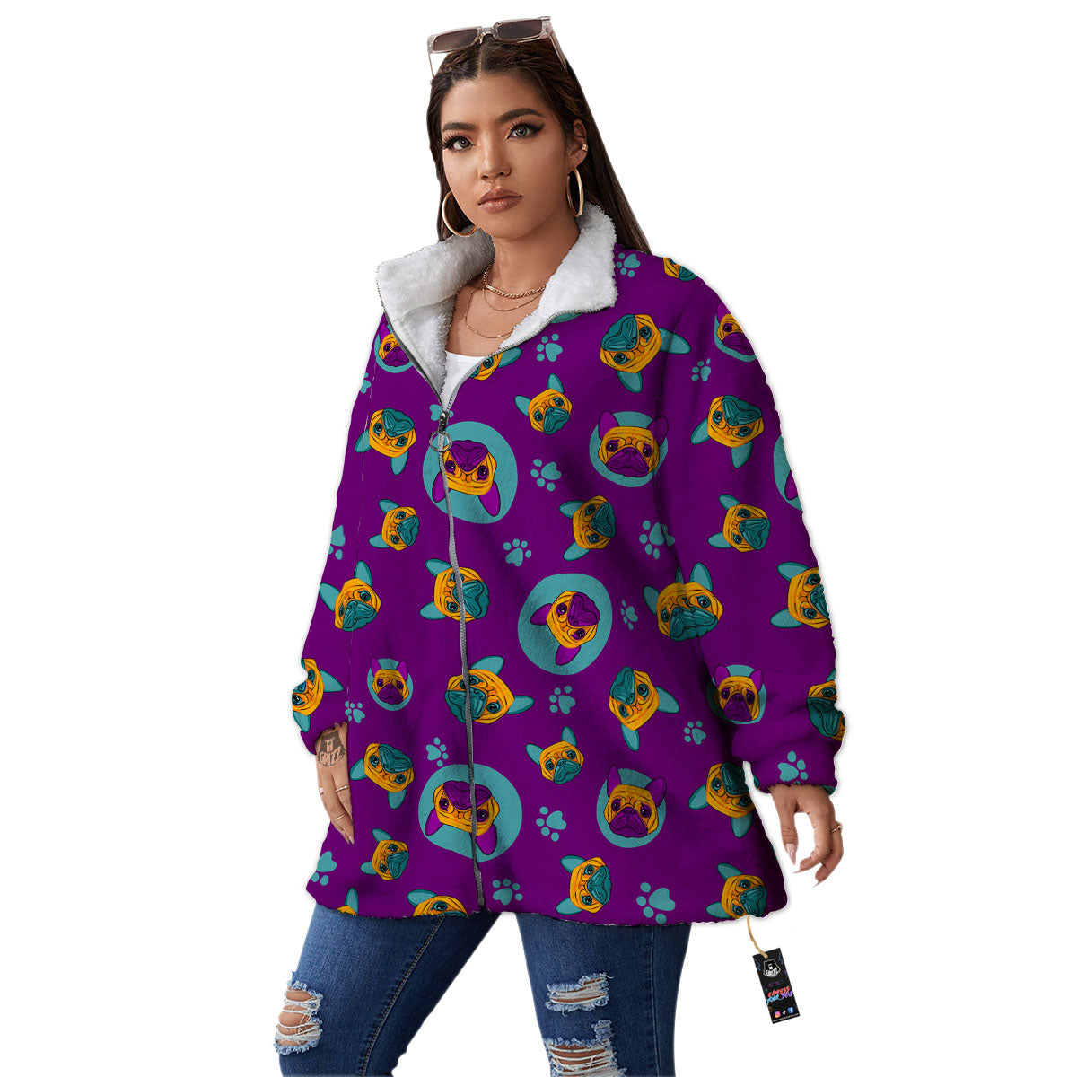 Boston Terrier Purple Print Pattern Women's Sherpa Jacket-grizzshop