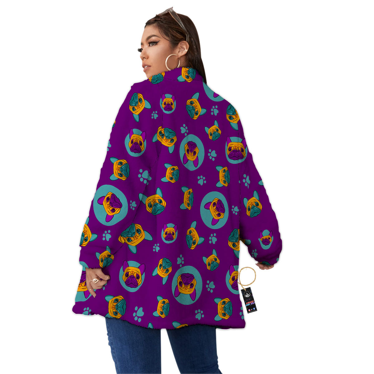 Boston Terrier Purple Print Pattern Women's Sherpa Jacket-grizzshop