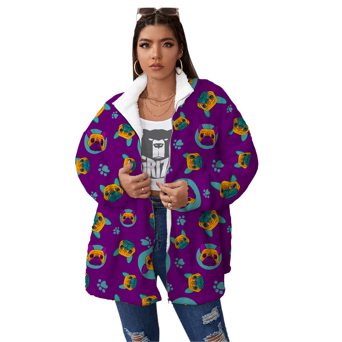 Boston Terrier Purple Print Pattern Women's Sherpa Jacket-grizzshop
