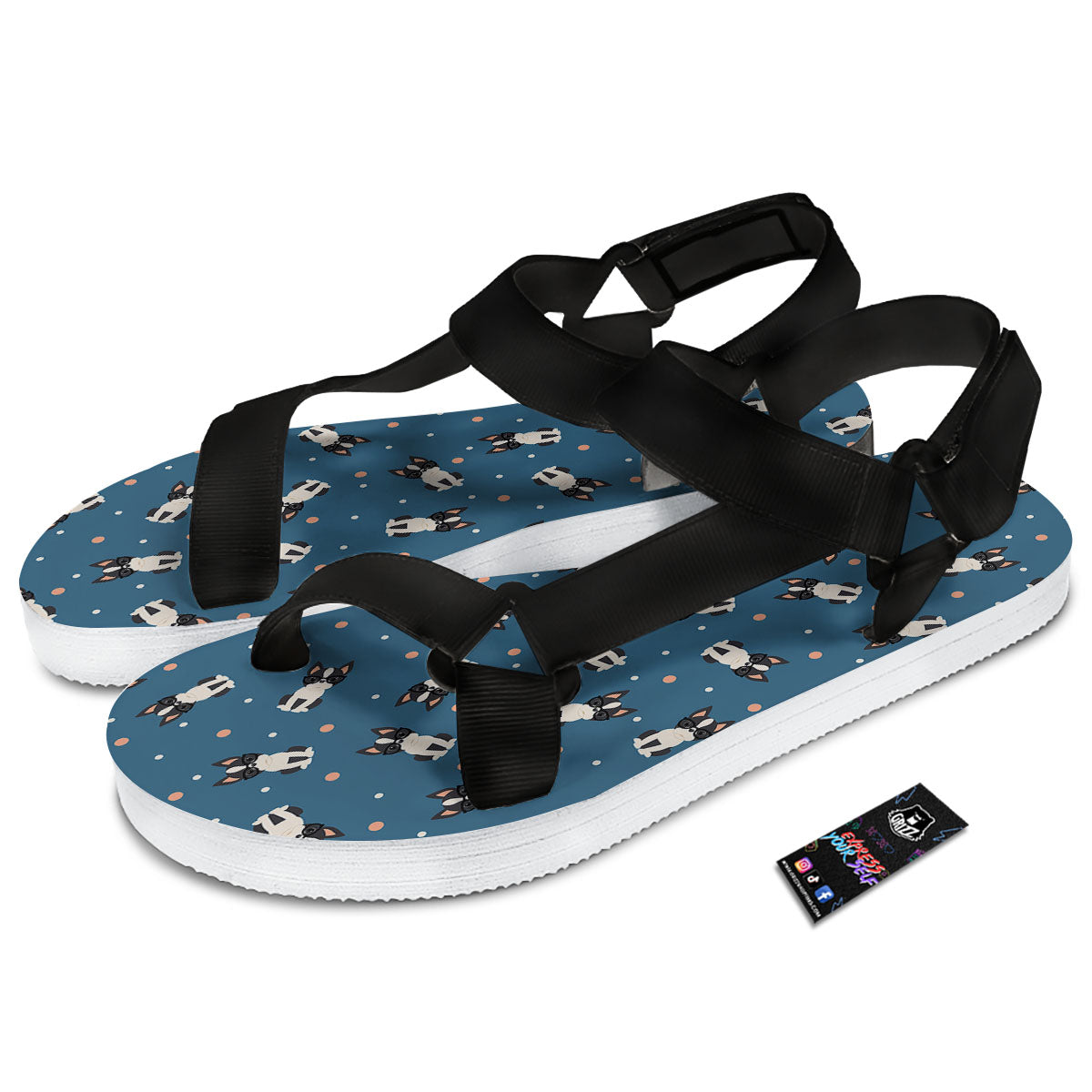 Boston Terrier Wearing Glasses Print Black Open Toe Sandals-grizzshop