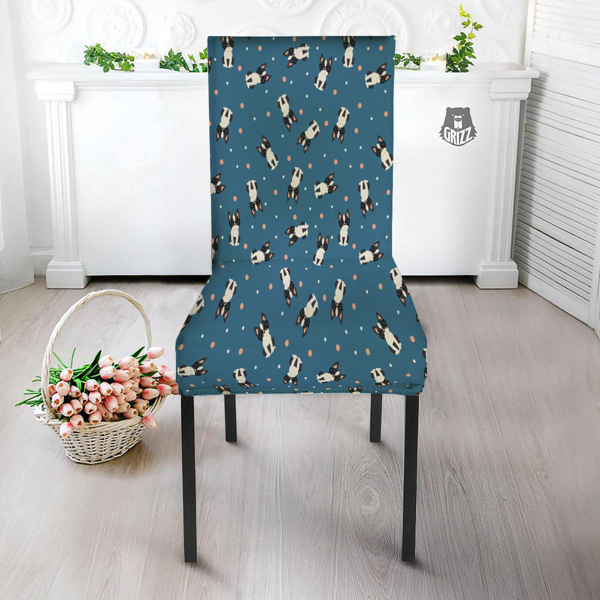 Boston Terrier Wearing Glasses Print Dining Chair Slipcover-grizzshop
