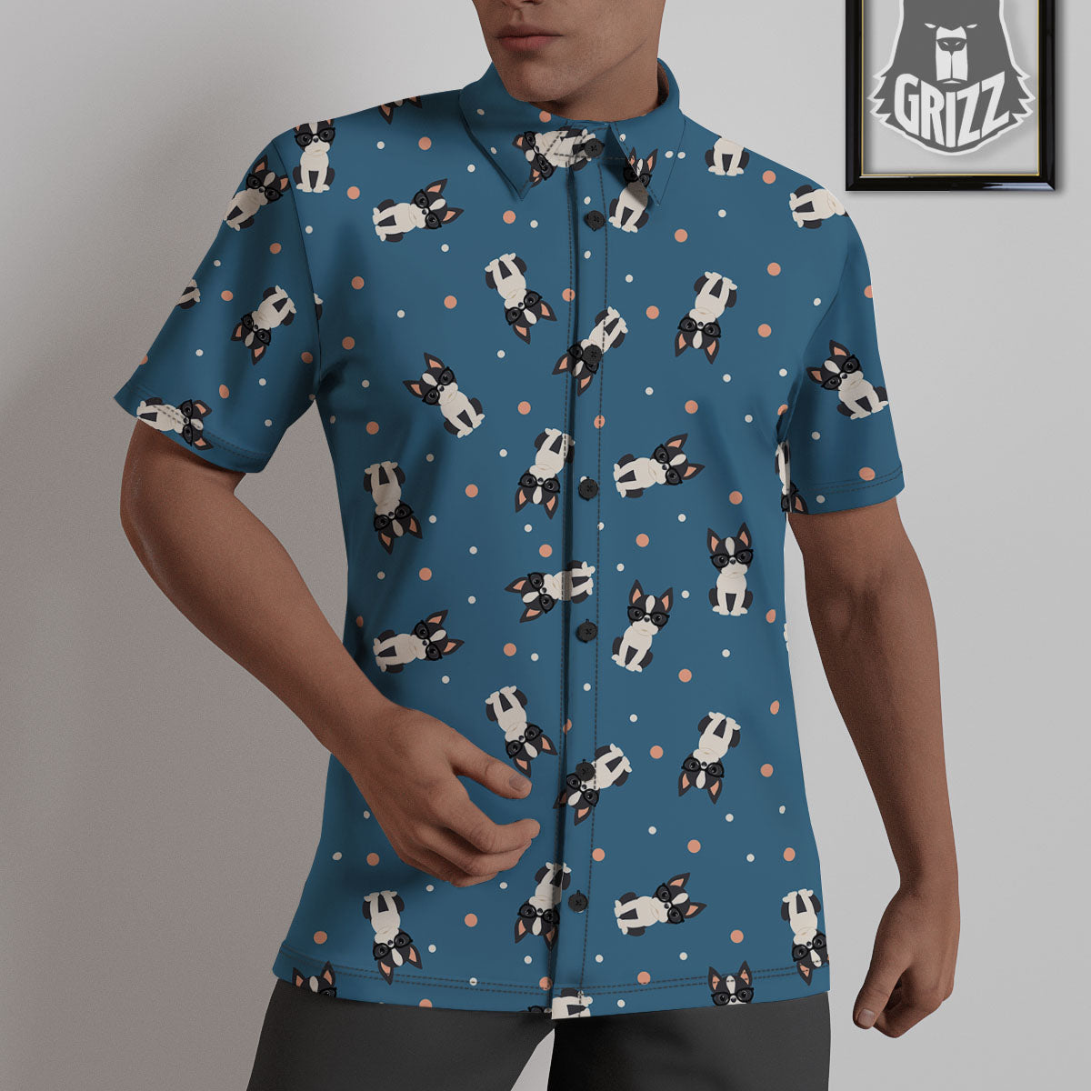 Boston Terrier Wearing Glasses Print Untucked Shirts-grizzshop