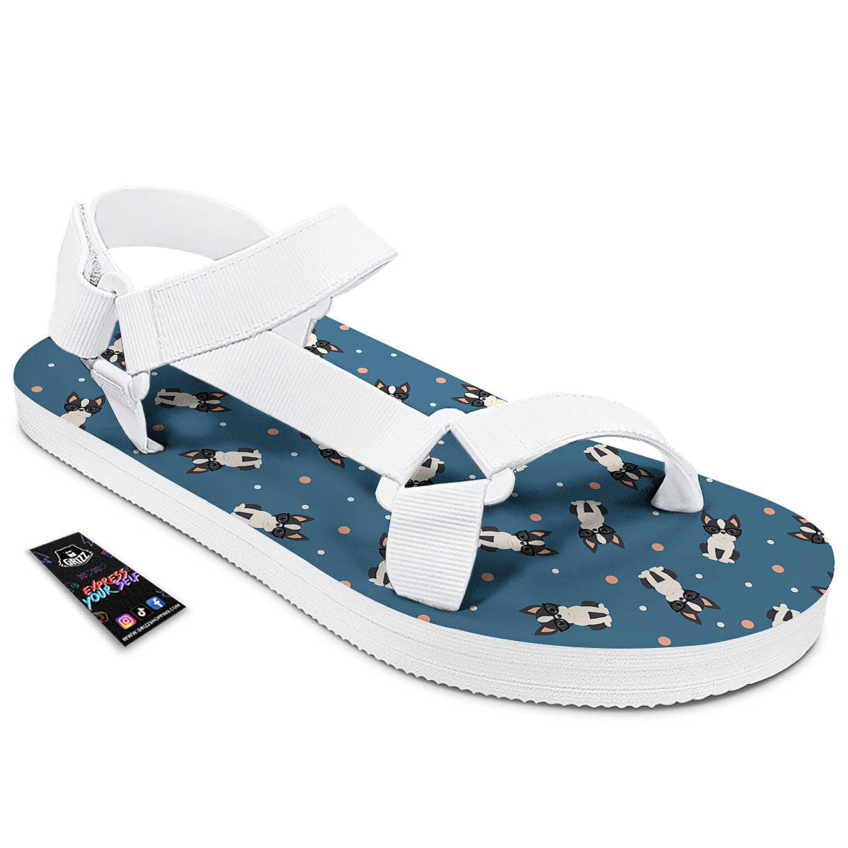Boston Terrier Wearing Glasses Print White Open Toe Sandals-grizzshop