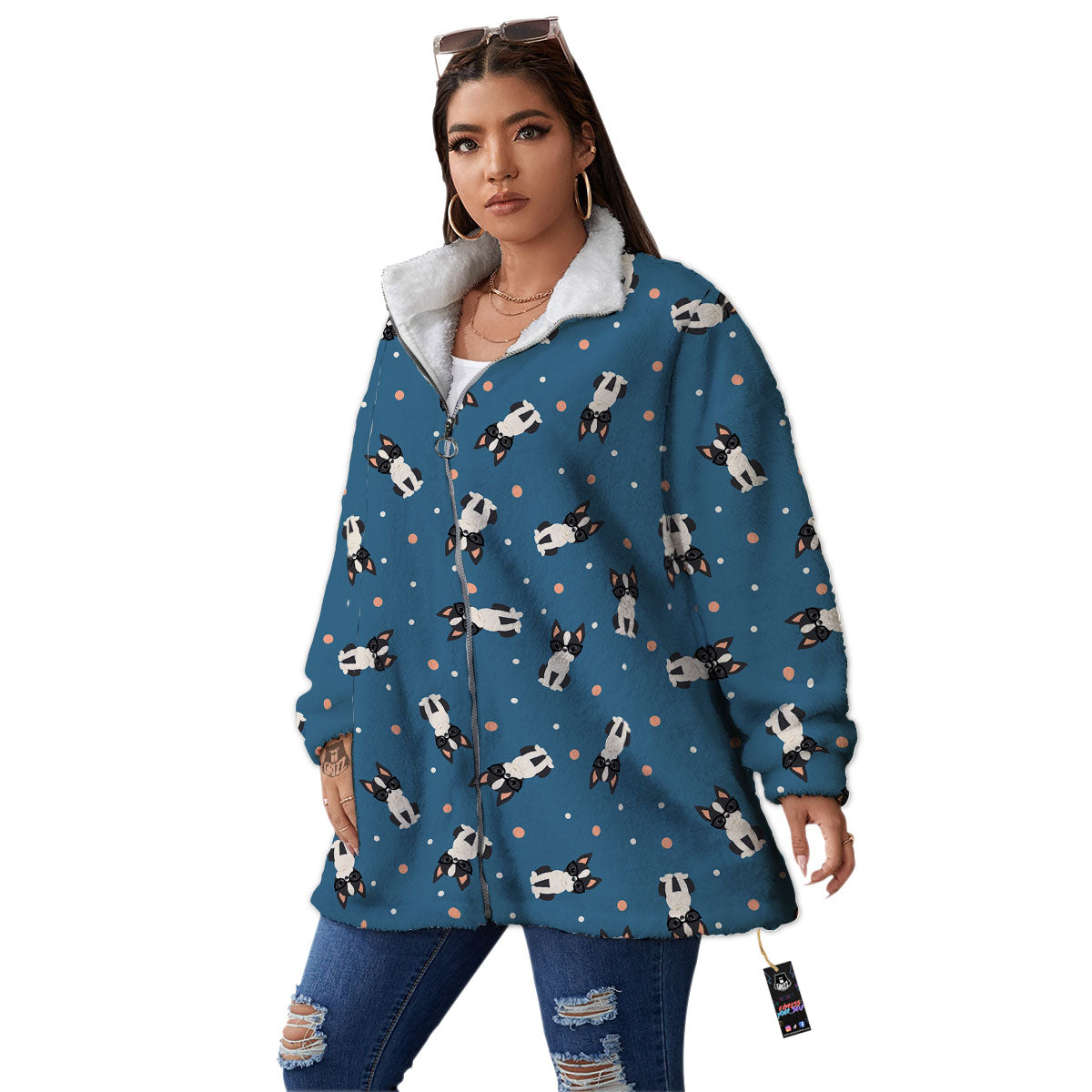 Boston Terrier Wearing Glasses Print Women's Sherpa Jacket-grizzshop