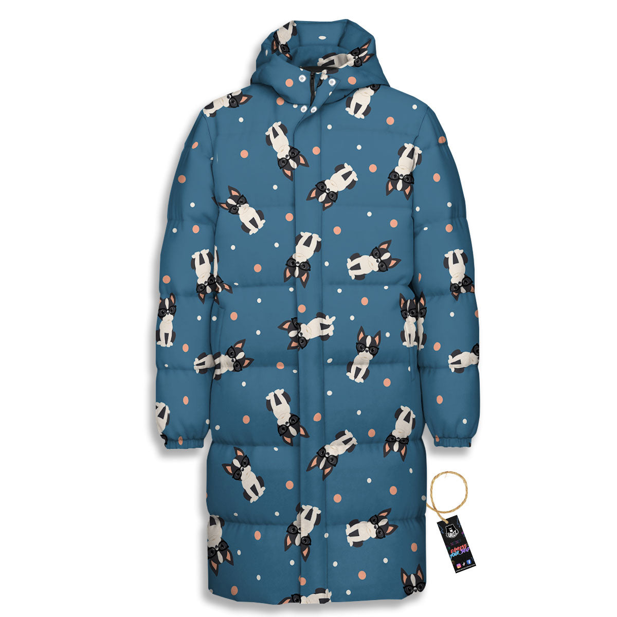 Boston Terrier Wearing Glasses Print Long Down Jacket
