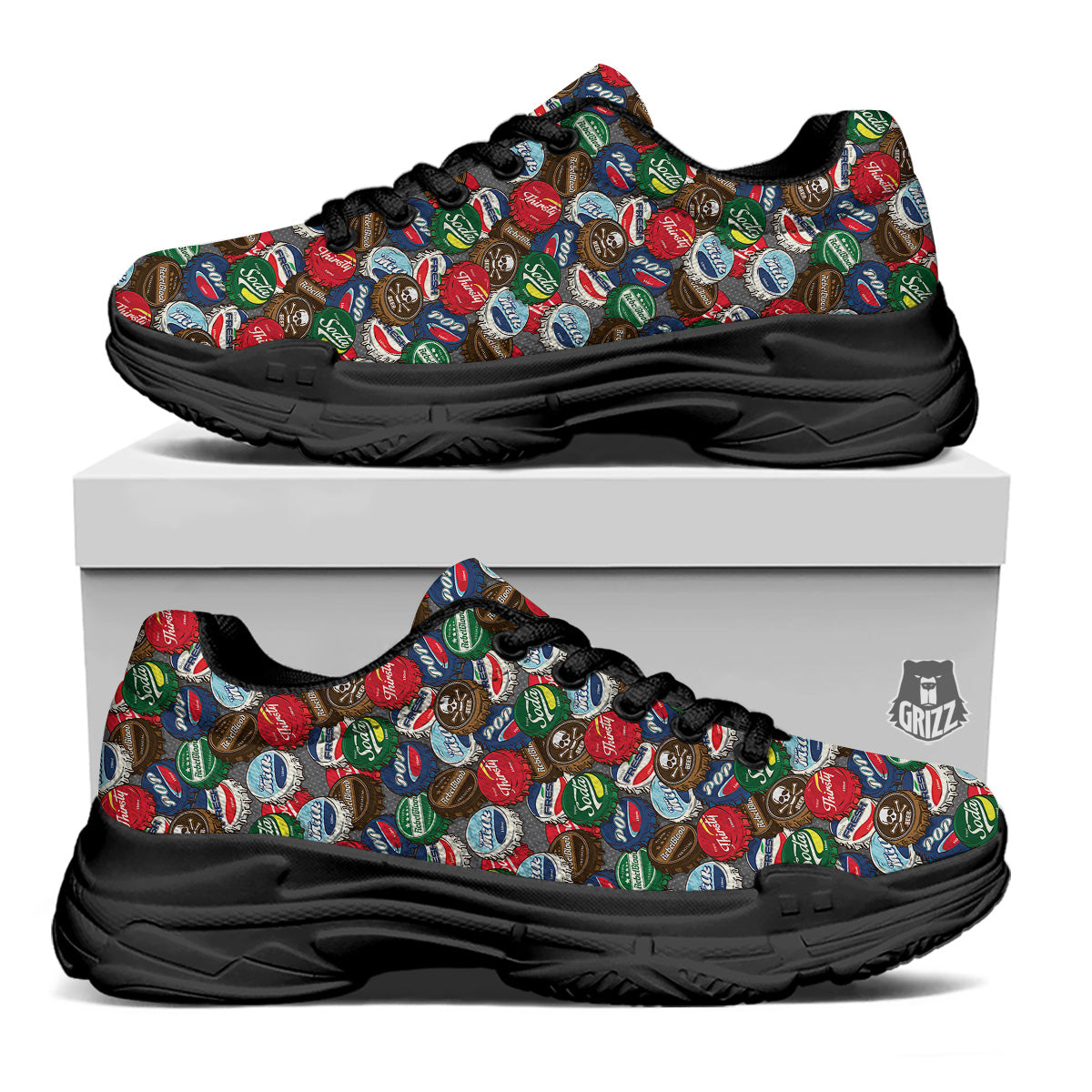 Bottle Caps Print Pattern Black Chunky Shoes-grizzshop