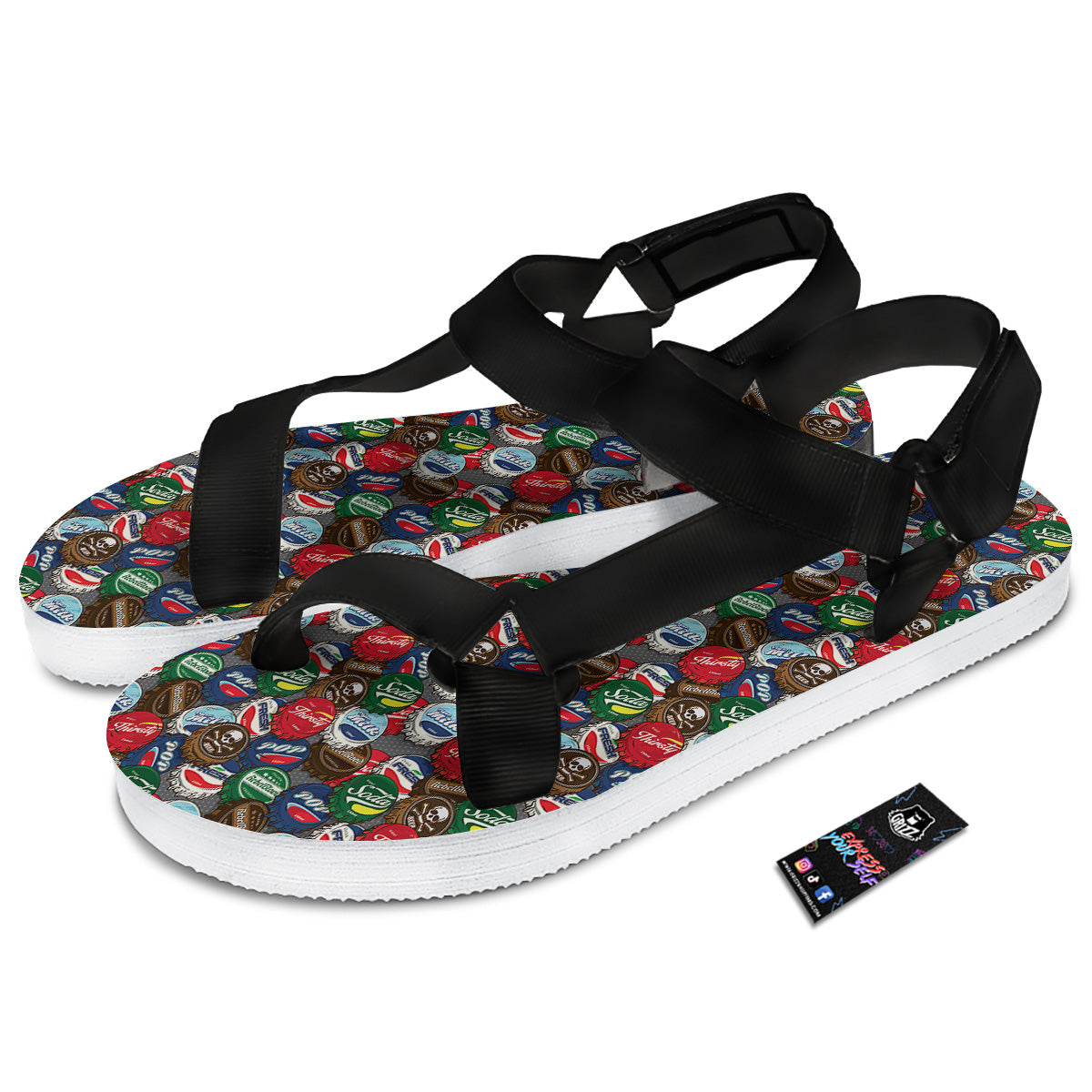 Bottle Caps Print Pattern Black Open Toe Sandals-grizzshop