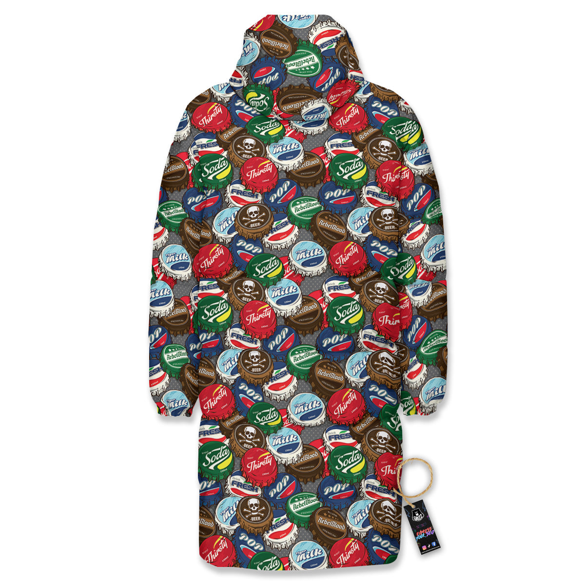 Bottle Caps Print Pattern Long Down Jacket-grizzshop
