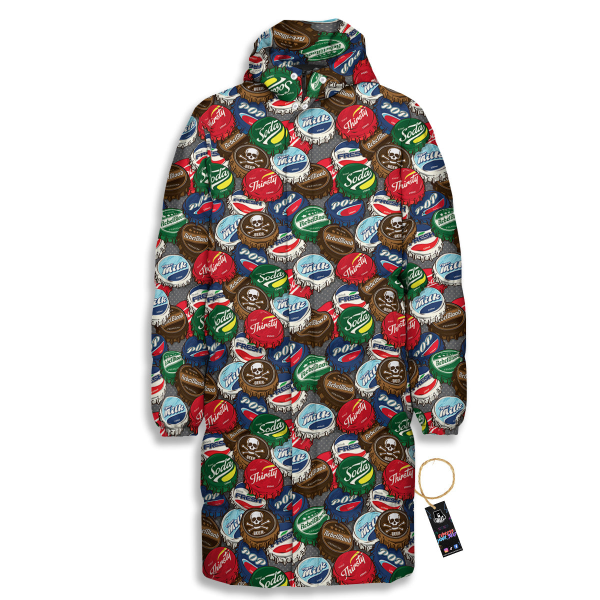 Bottle Caps Print Pattern Long Down Jacket-grizzshop