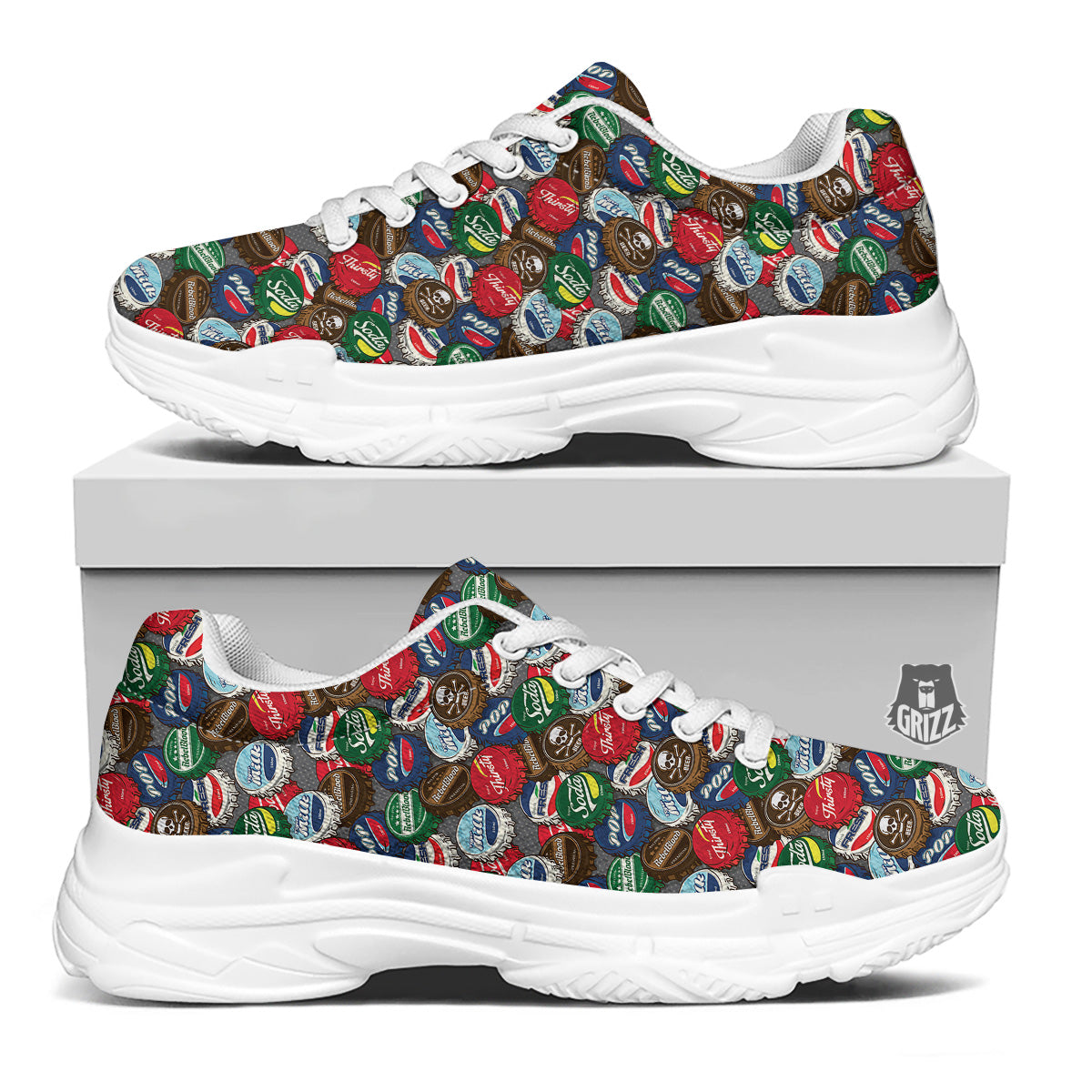 Bottle Caps Print Pattern White Chunky Shoes-grizzshop