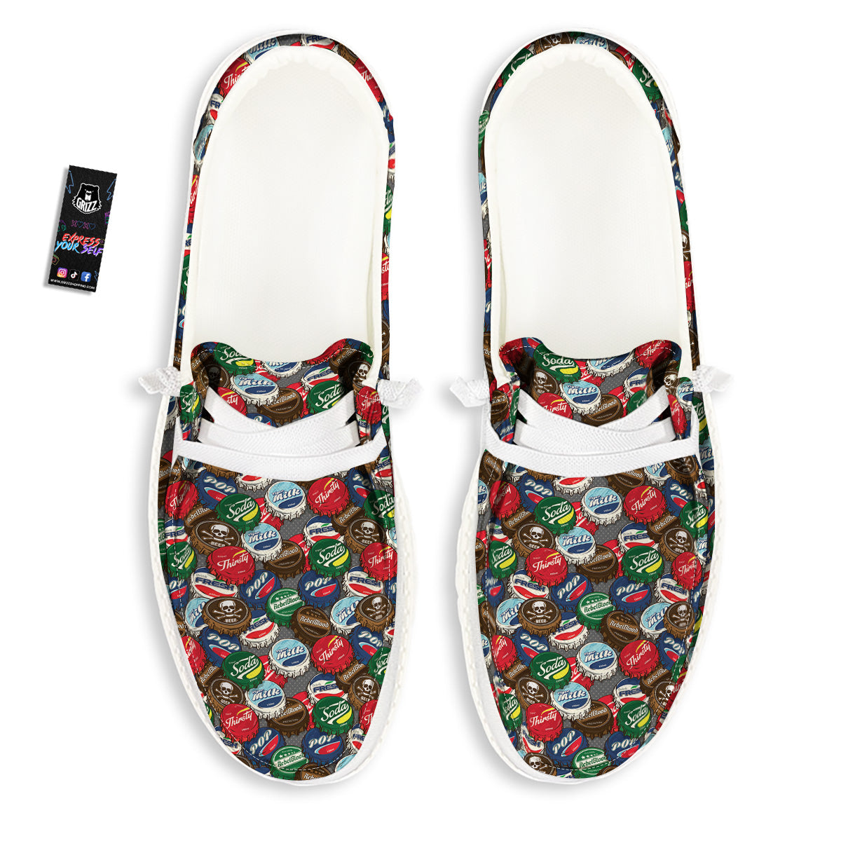 Bottle Caps Print Pattern White Loafers-grizzshop
