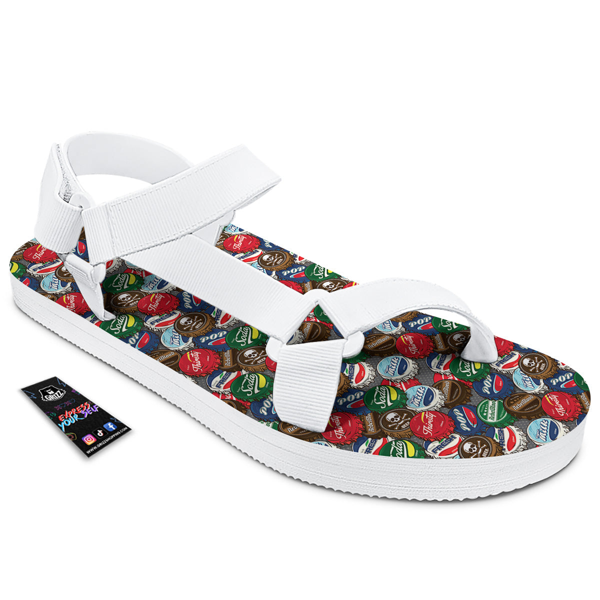 Bottle Caps Print Pattern White Open Toe Sandals-grizzshop