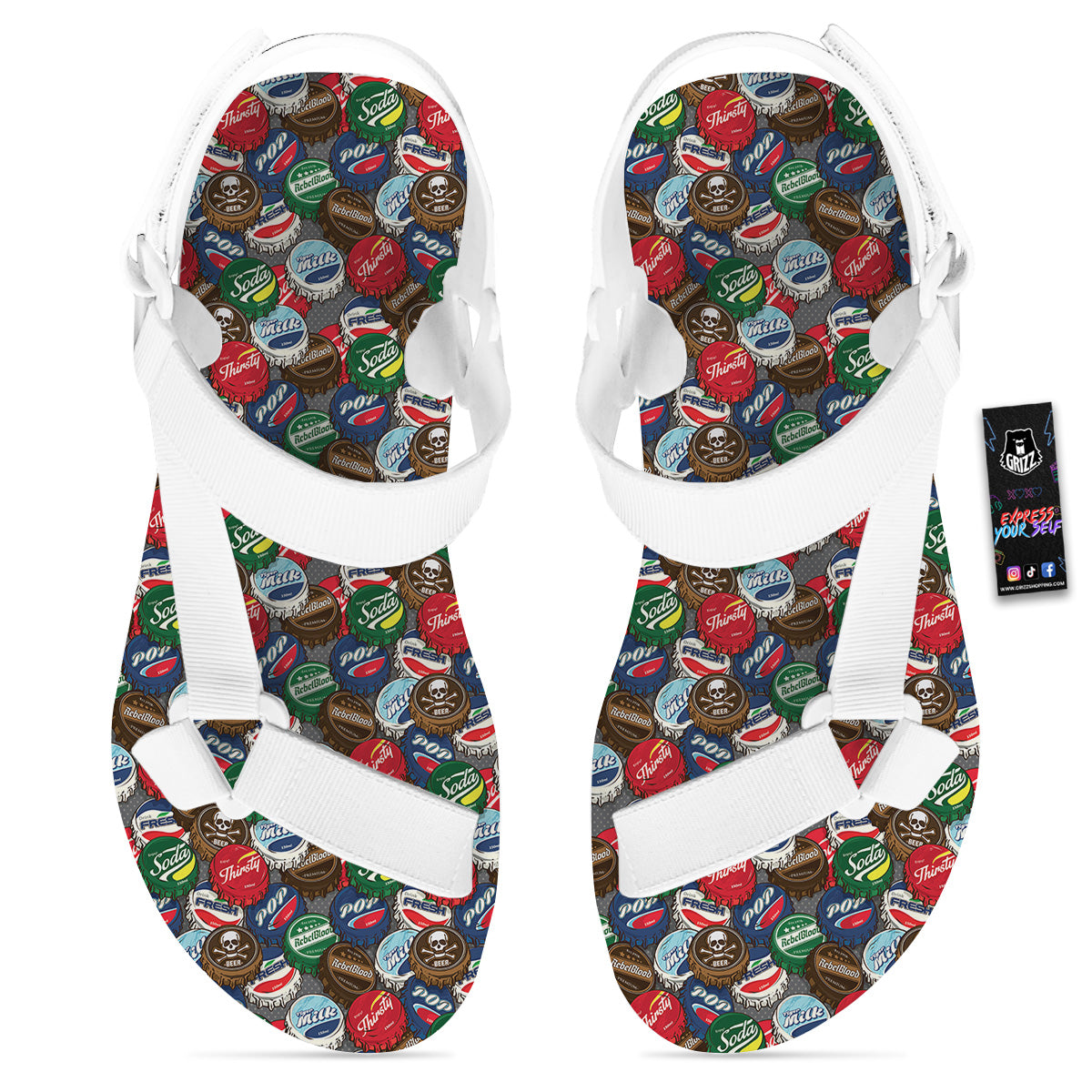 Bottle Caps Print Pattern White Open Toe Sandals-grizzshop