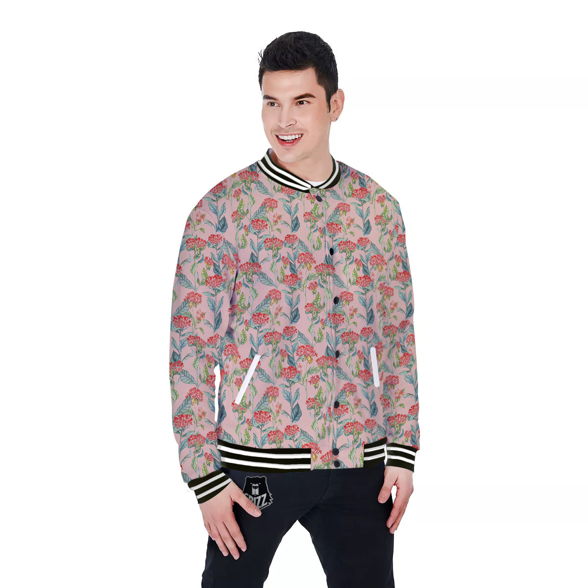 Bouvardia Red Print Pattern Baseball Jacket-grizzshop