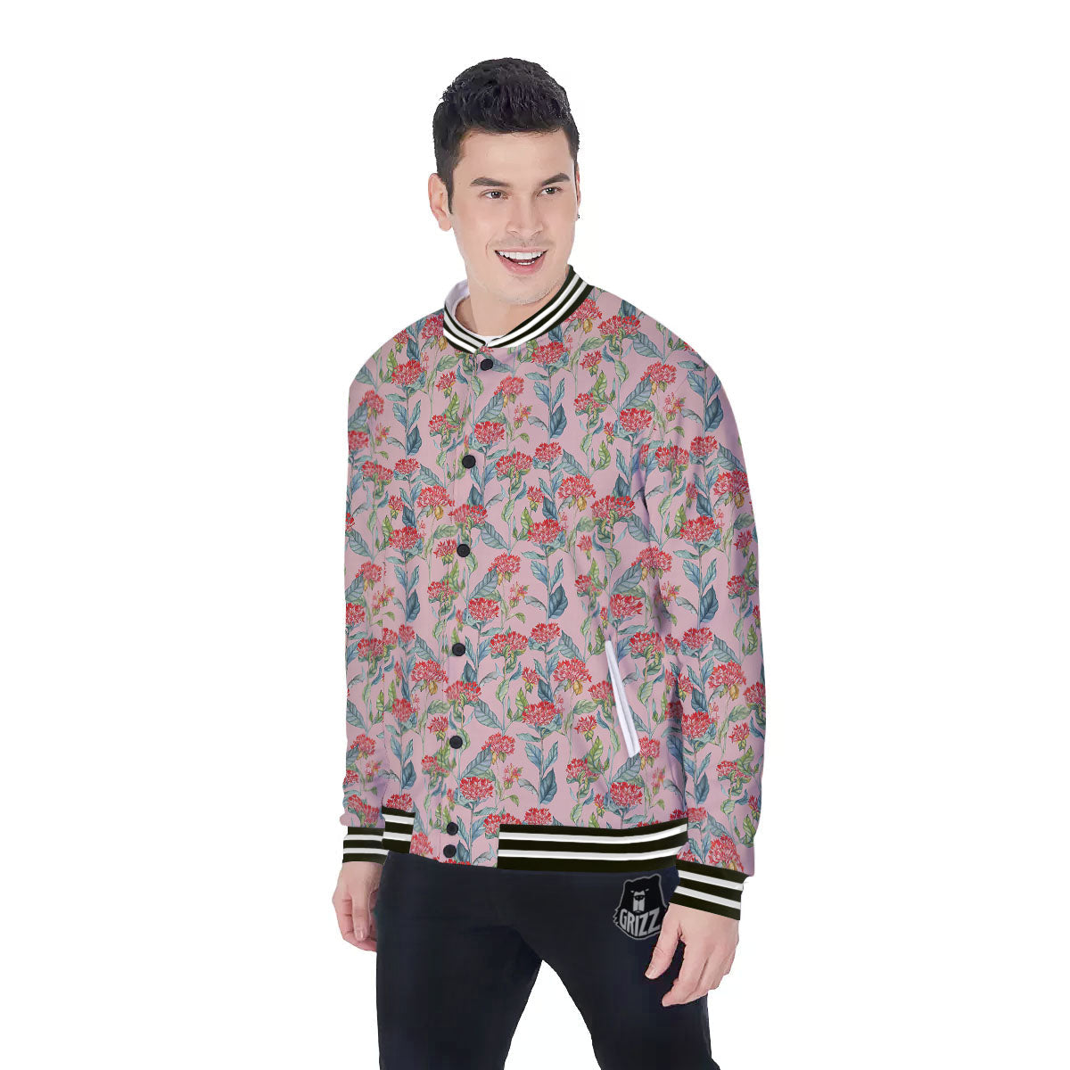 Bouvardia Red Print Pattern Baseball Jacket-grizzshop