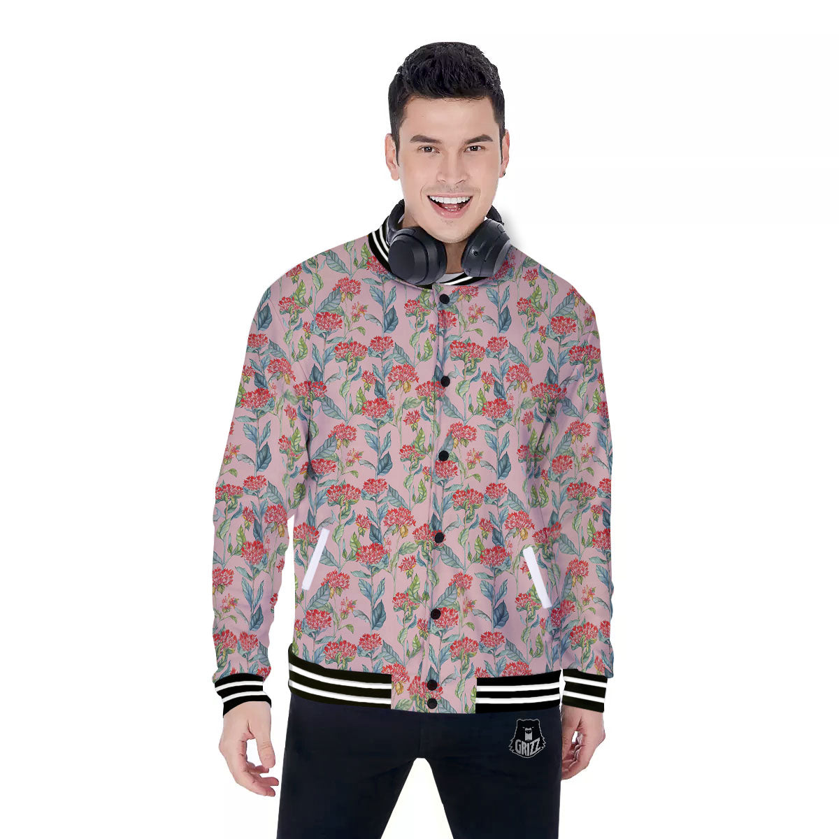 Bouvardia Red Print Pattern Baseball Jacket-grizzshop