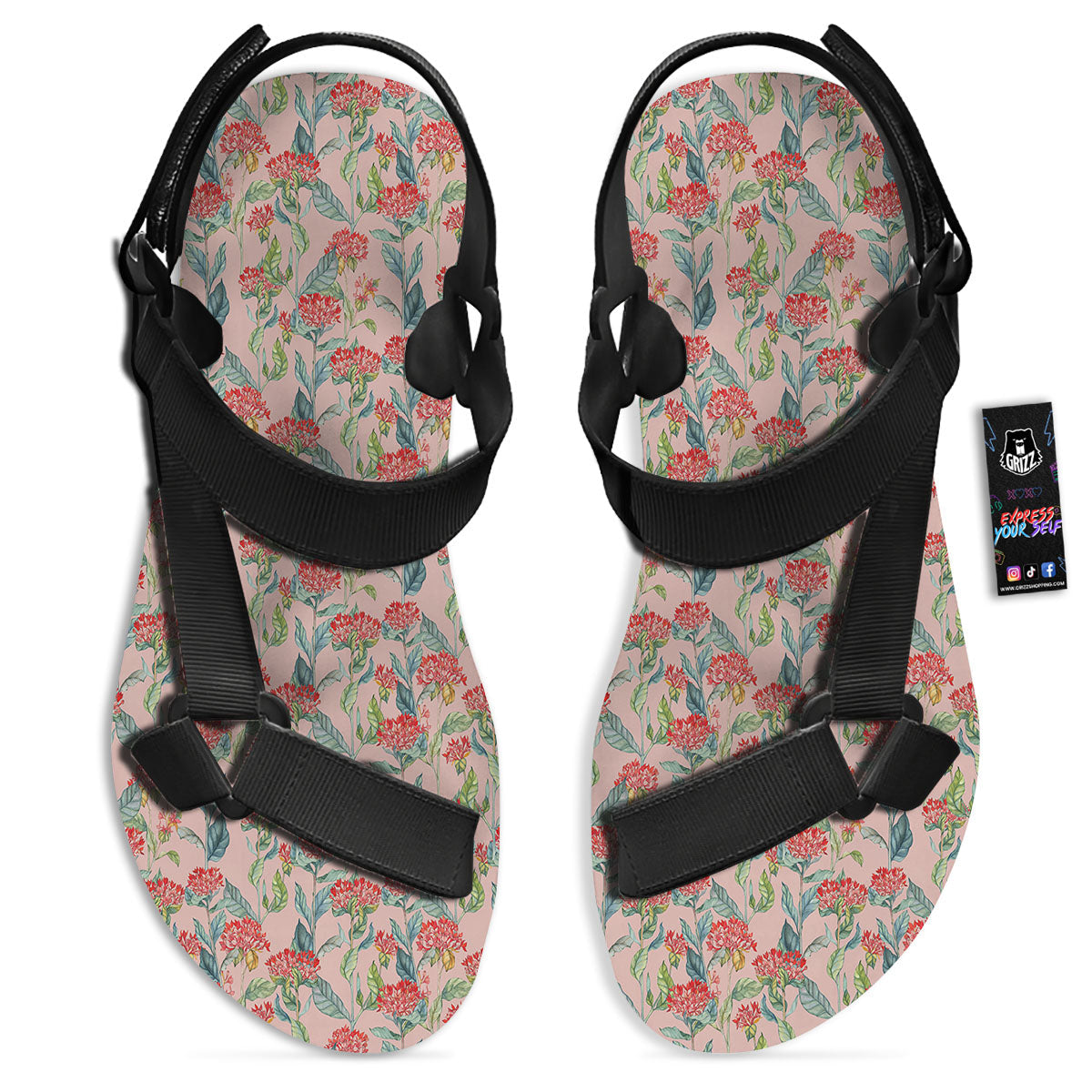 Bouvardia Red Print Pattern Black Open Toe Sandals-grizzshop
