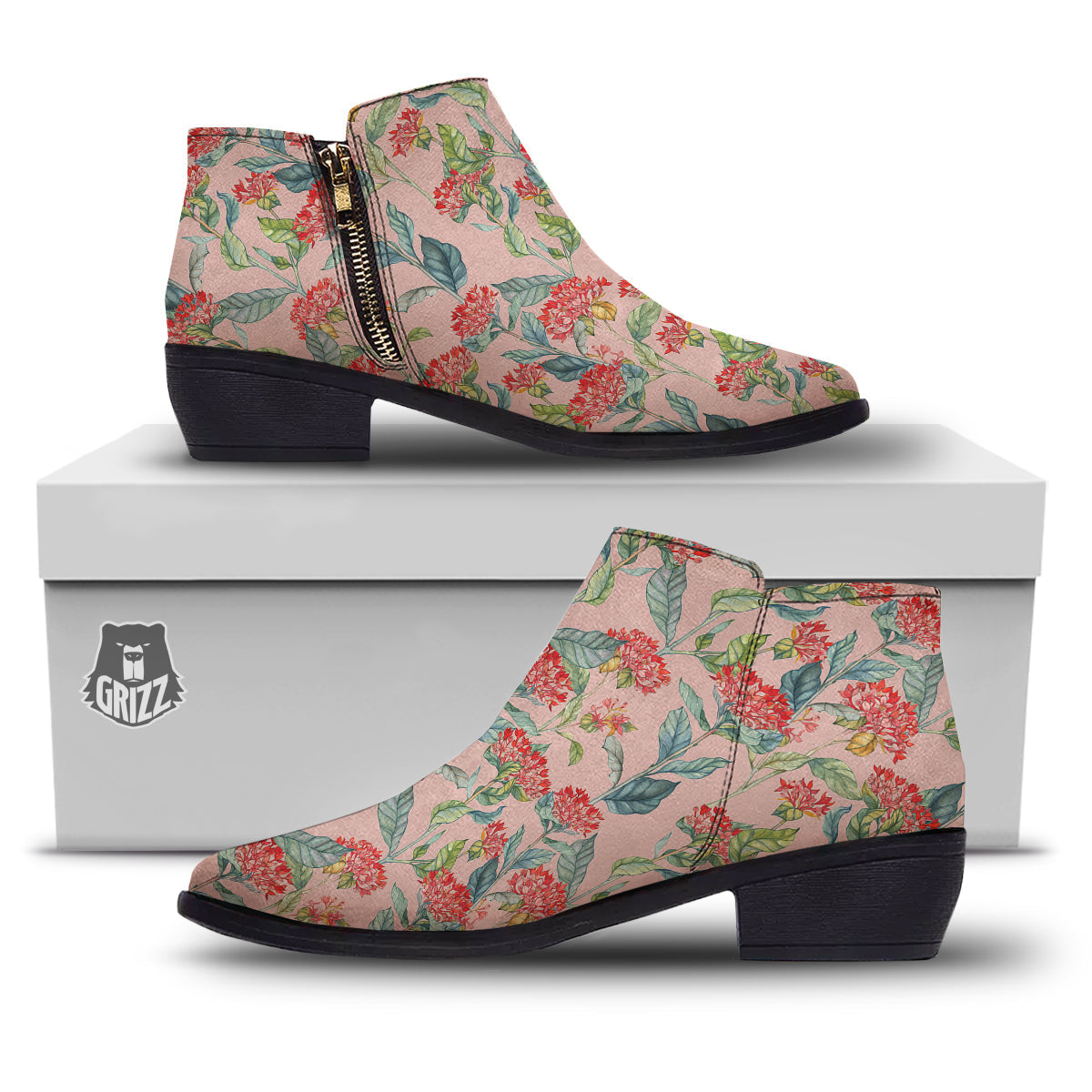 Bouvardia Watercolor Print Pattern Ankle Boots-grizzshop