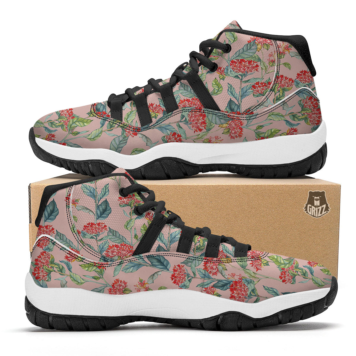 Bouvardia Watercolor Print Pattern Black Bball Shoes-grizzshop