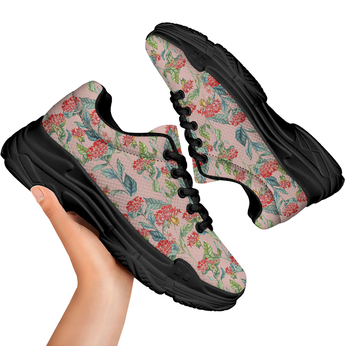 Bouvardia Watercolor Print Pattern Black Chunky Shoes-grizzshop