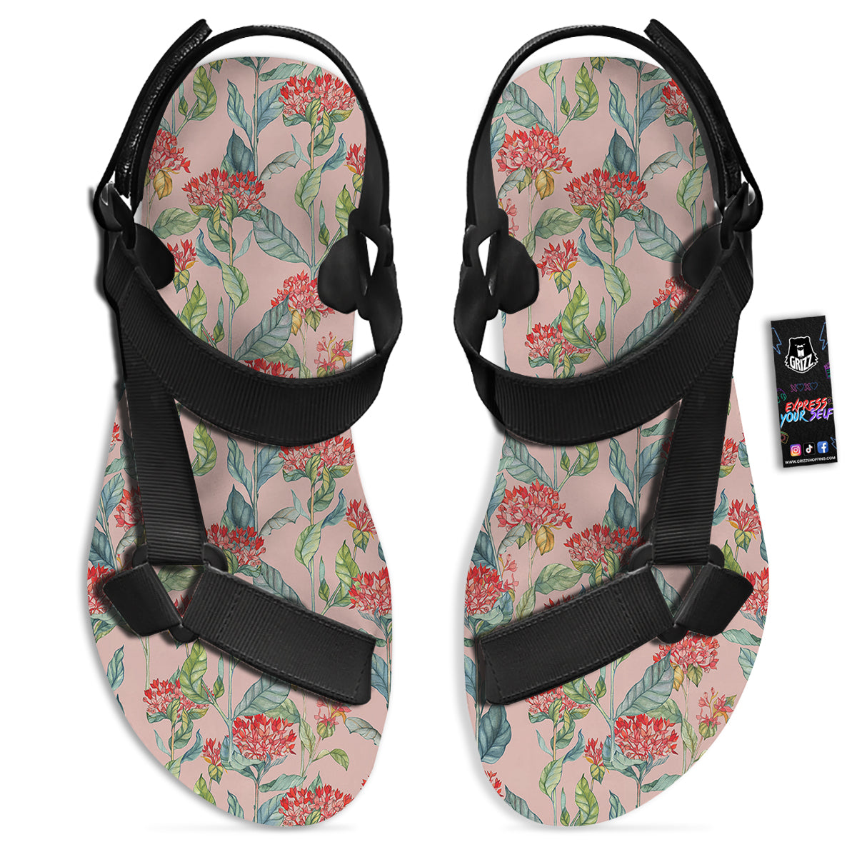 Bouvardia Watercolor Print Pattern Black Open Toe Sandals-grizzshop