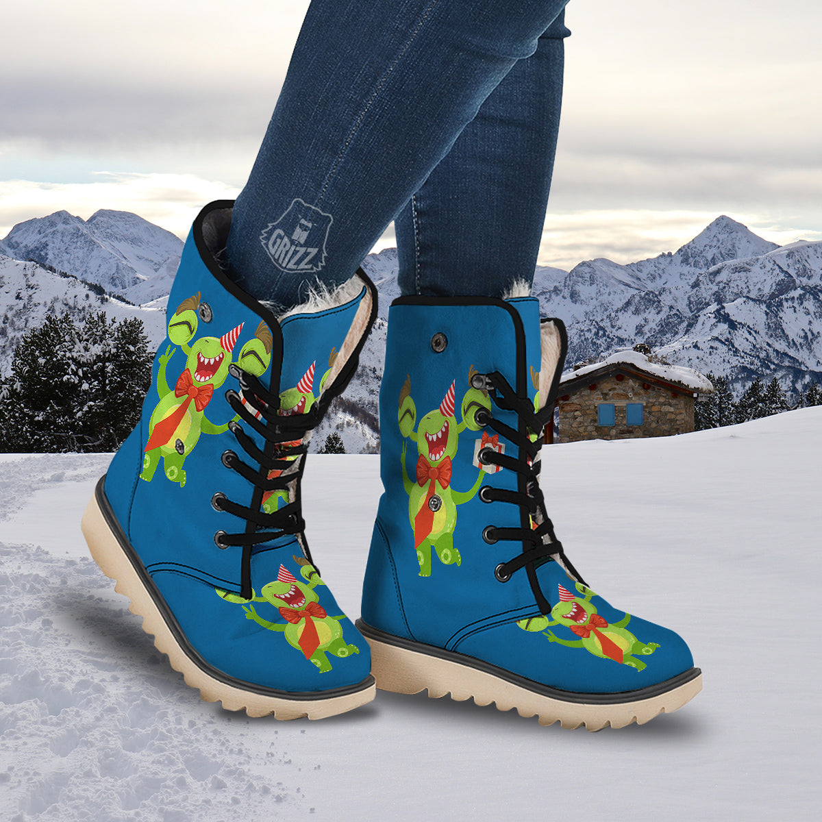 Bow Tie With Cute Alien Print Snow Boots-grizzshop