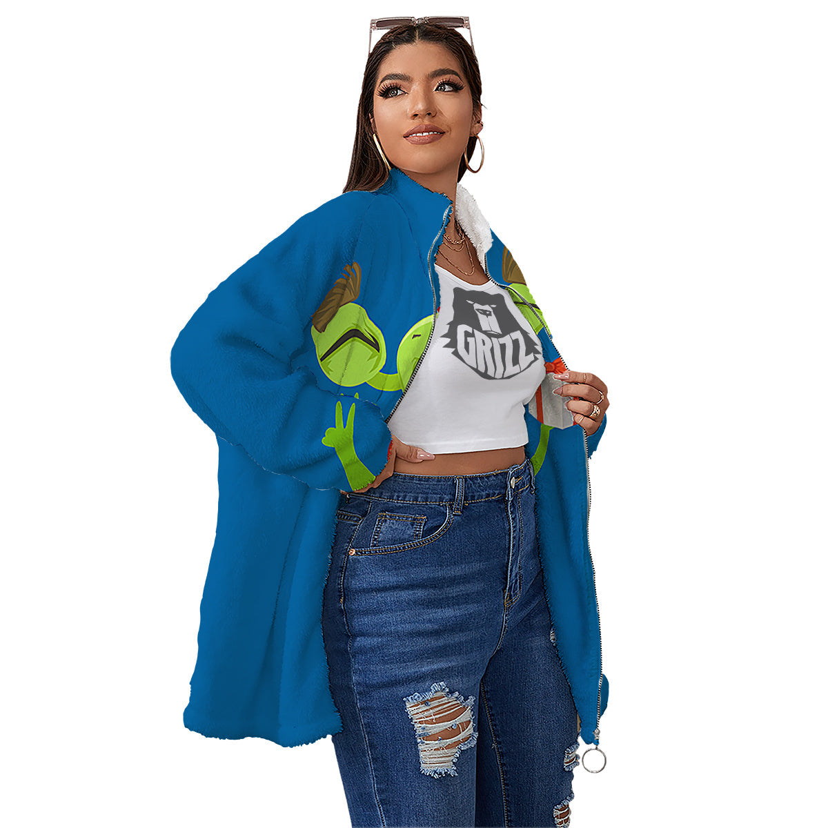 Bow Tie With Cute Alien Print Women's Sherpa Jacket-grizzshop