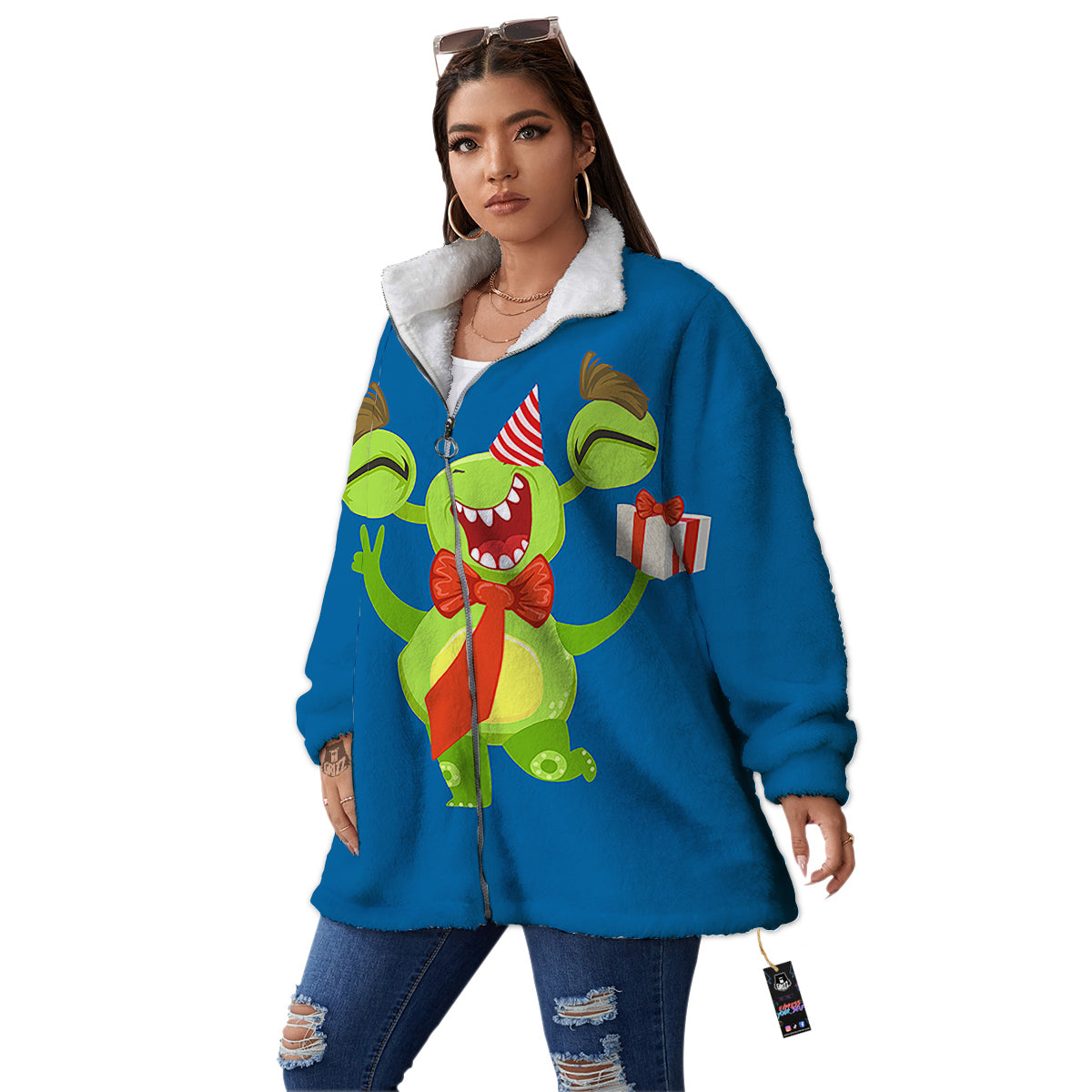Bow Tie With Cute Alien Print Women's Sherpa Jacket-grizzshop