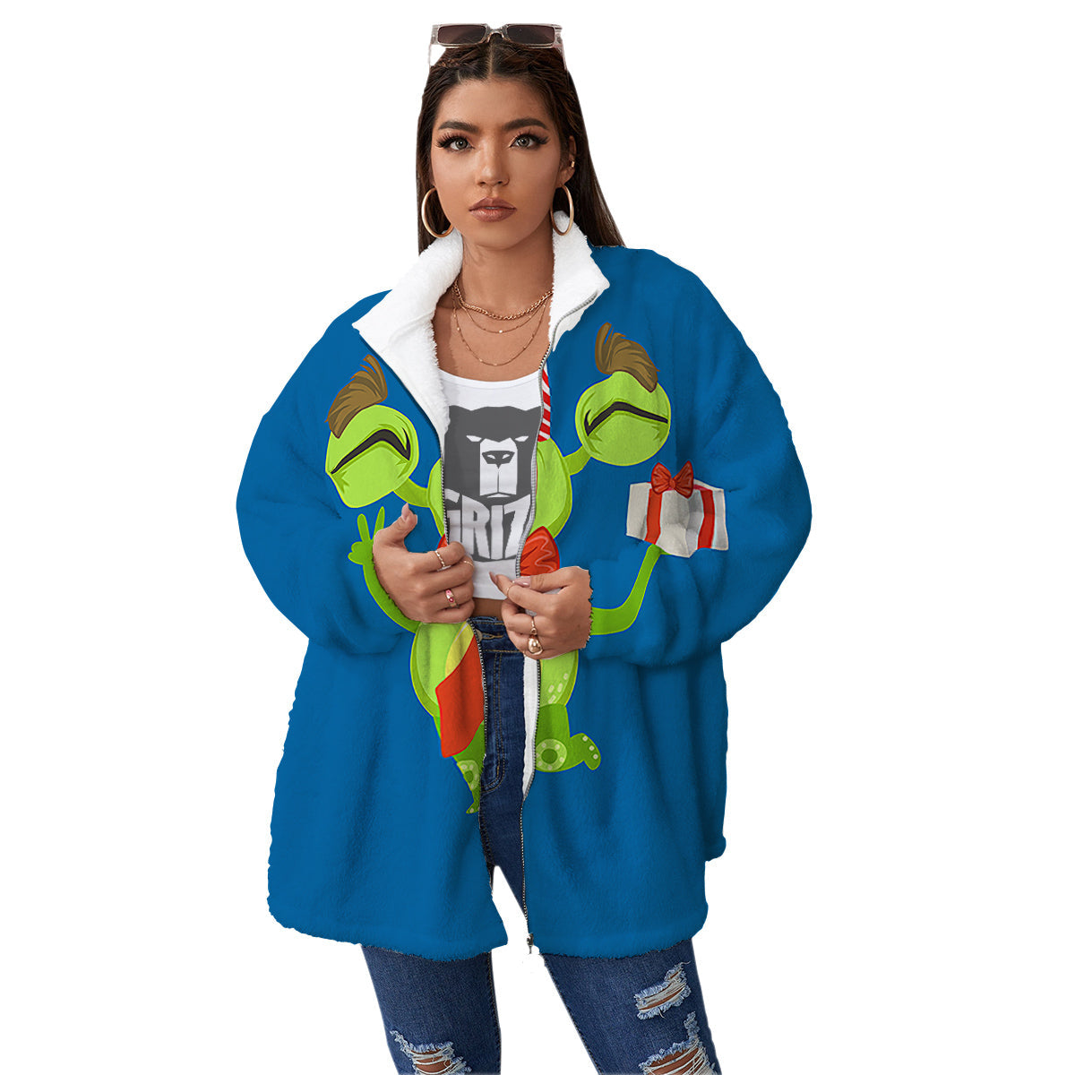 Bow Tie With Cute Alien Print Women's Sherpa Jacket-grizzshop