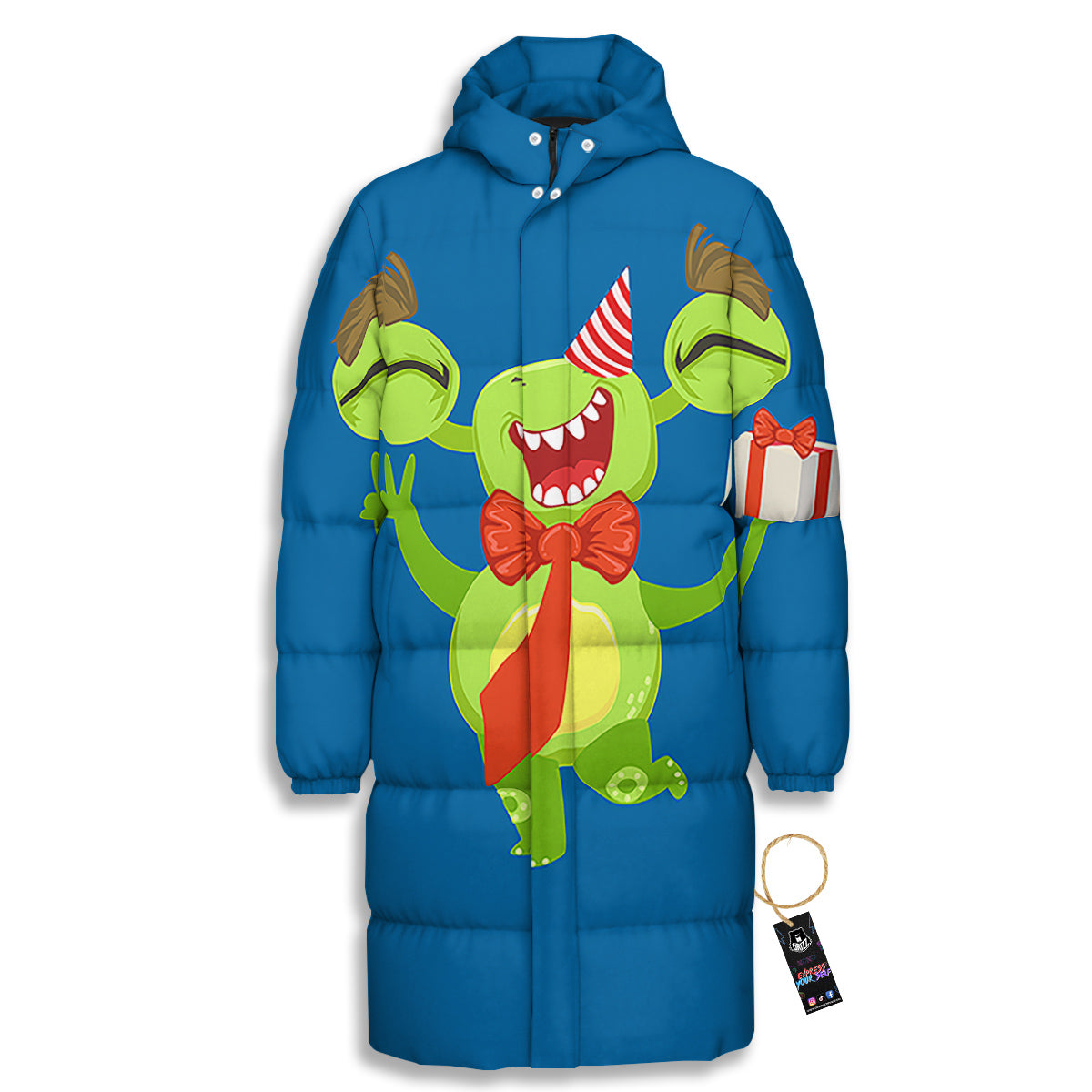 Bow Tie With Cute Alien Print Long Down Jacket