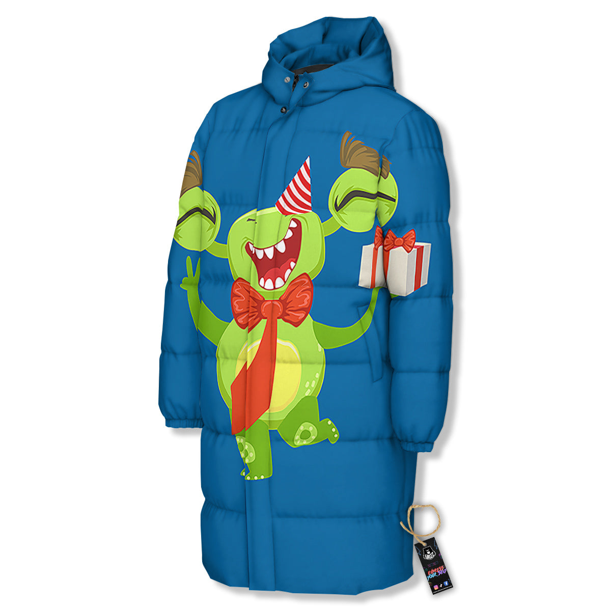 Bow Tie With Cute Alien Print Long Down Jacket