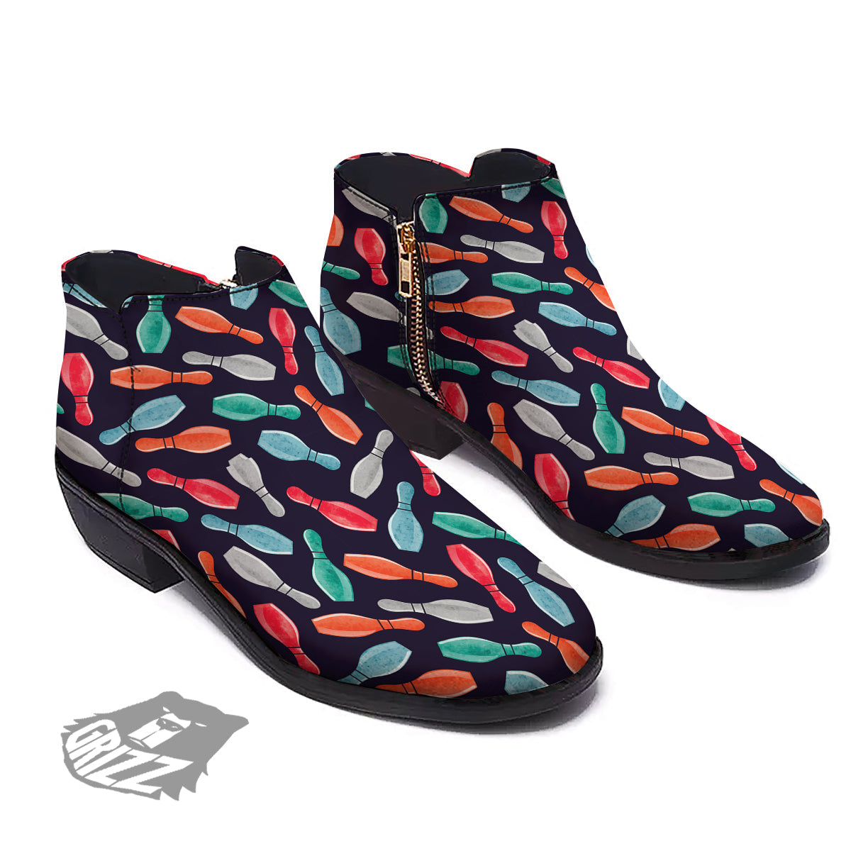 Bowling Pins Watercolor Print Pattern Ankle Boots-grizzshop