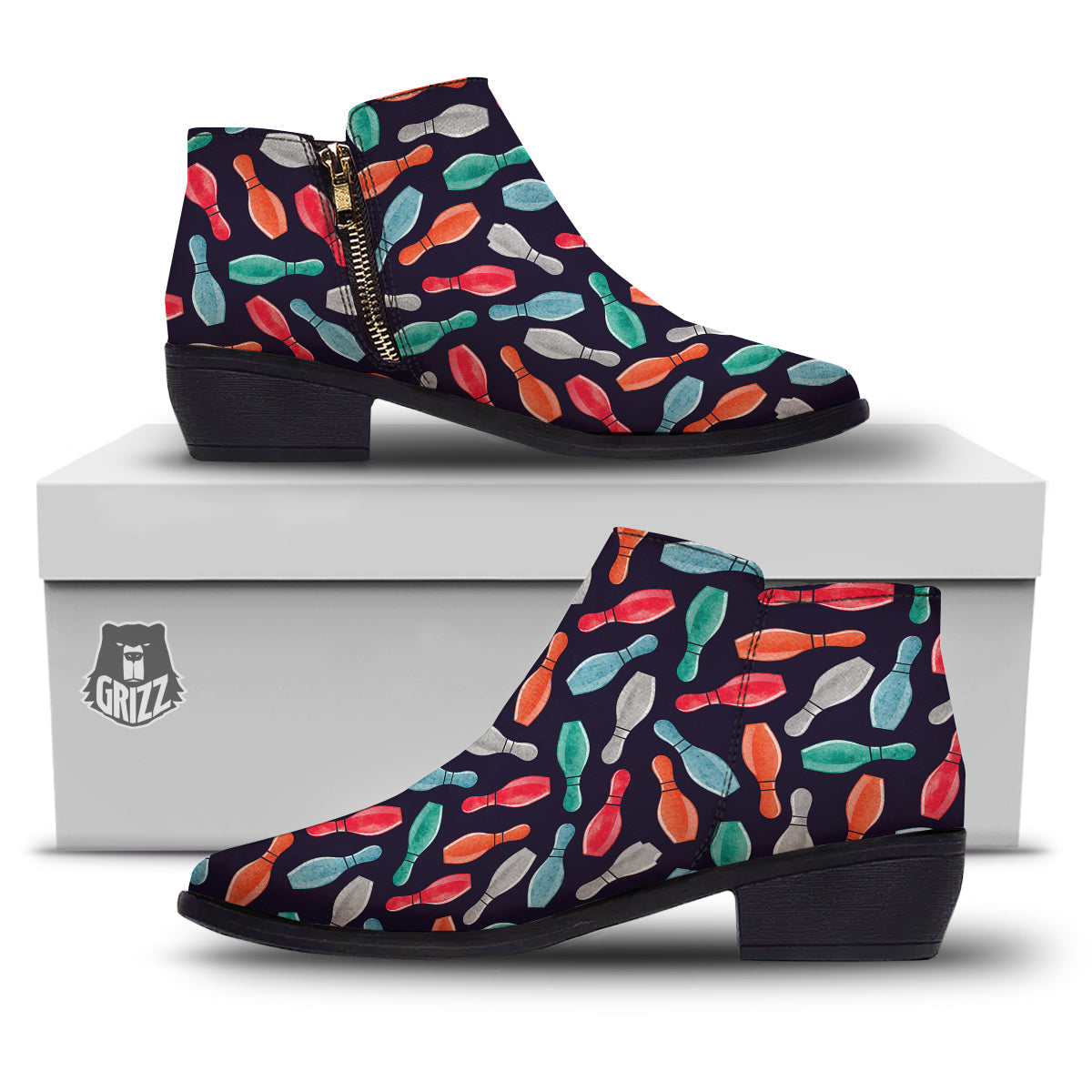 Bowling Pins Watercolor Print Pattern Ankle Boots-grizzshop
