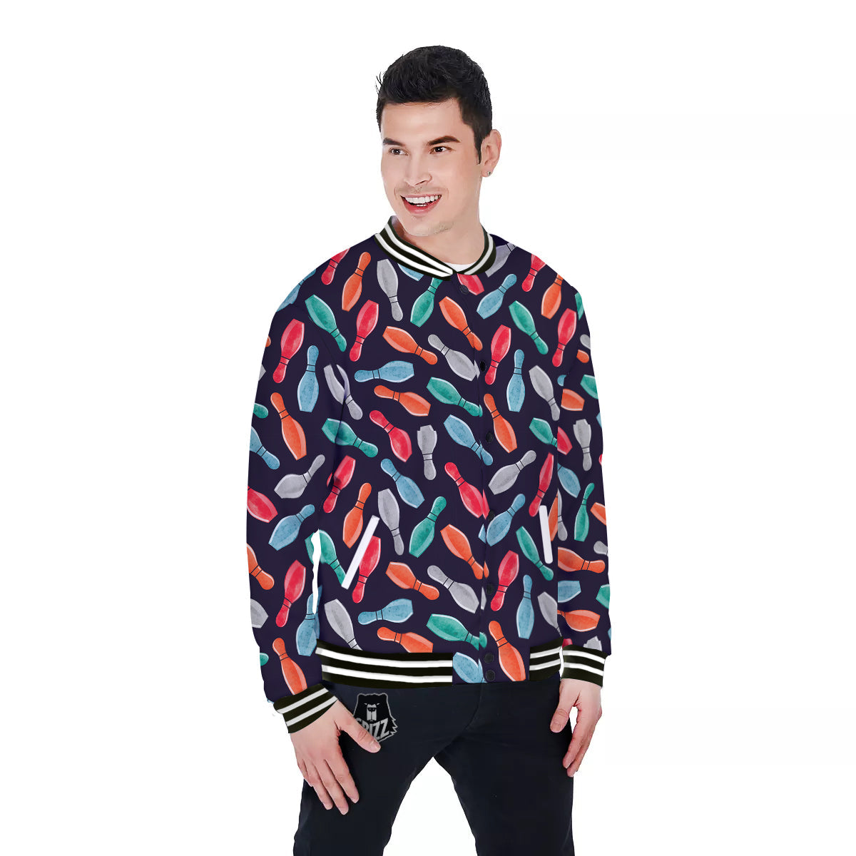 Bowling Pins Watercolor Print Pattern Baseball Jacket-grizzshop