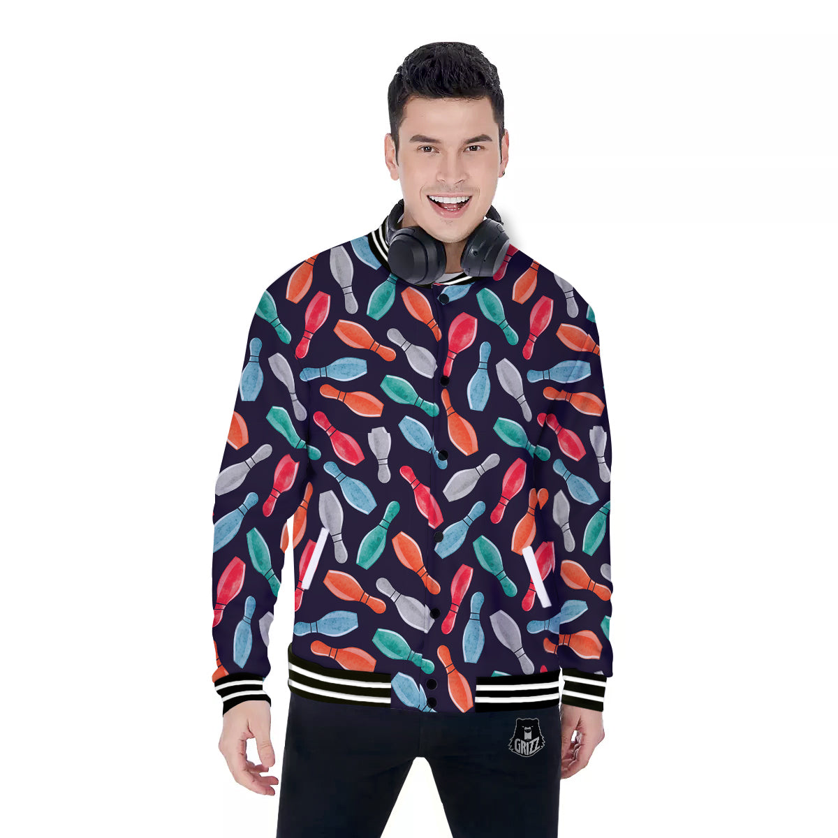 Bowling Pins Watercolor Print Pattern Baseball Jacket-grizzshop