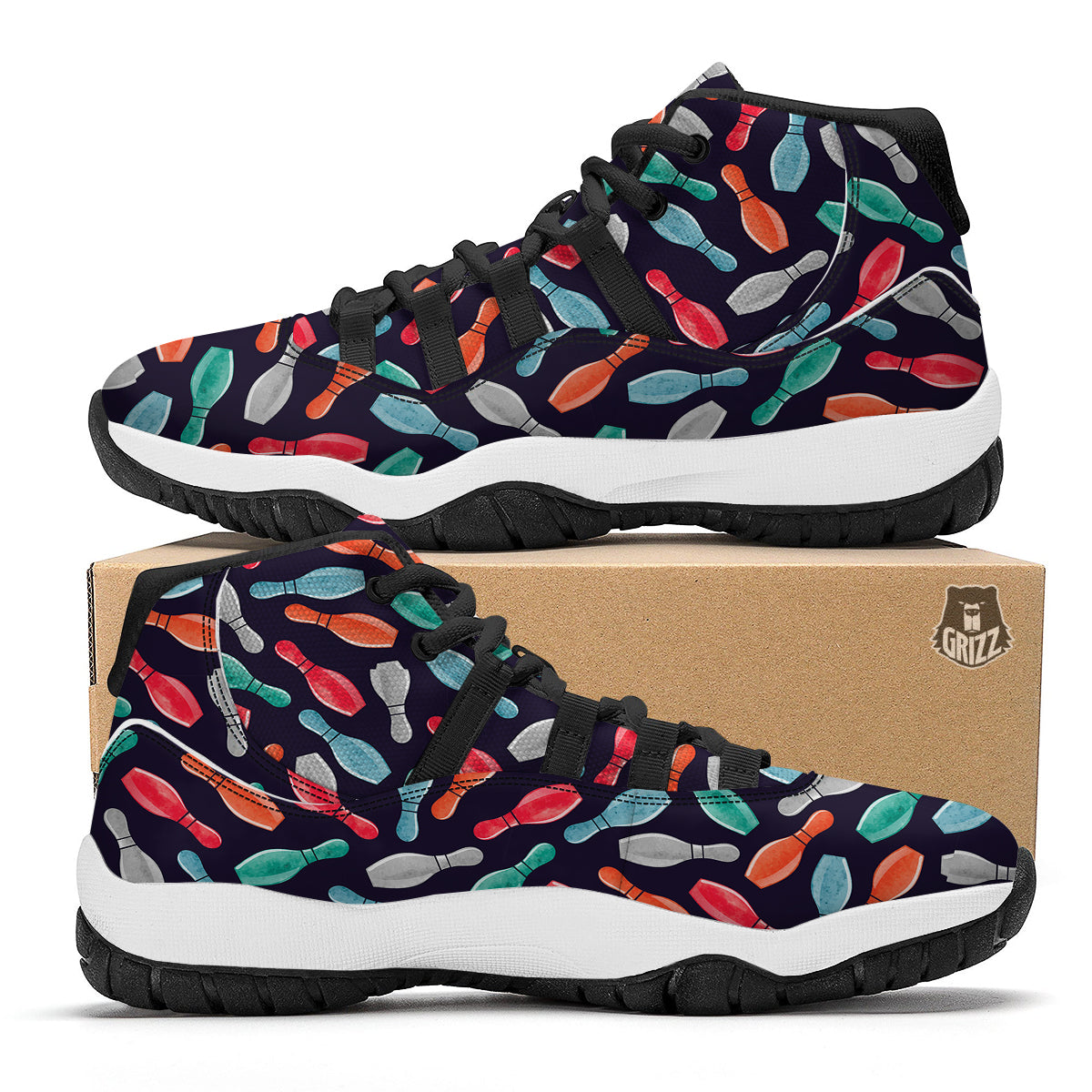 Bowling Pins Watercolor Print Pattern Black Bball Shoes-grizzshop