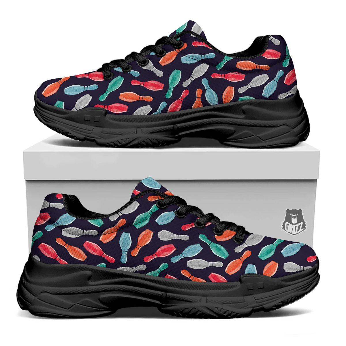 Bowling Pins Watercolor Print Pattern Black Chunky Shoes-grizzshop