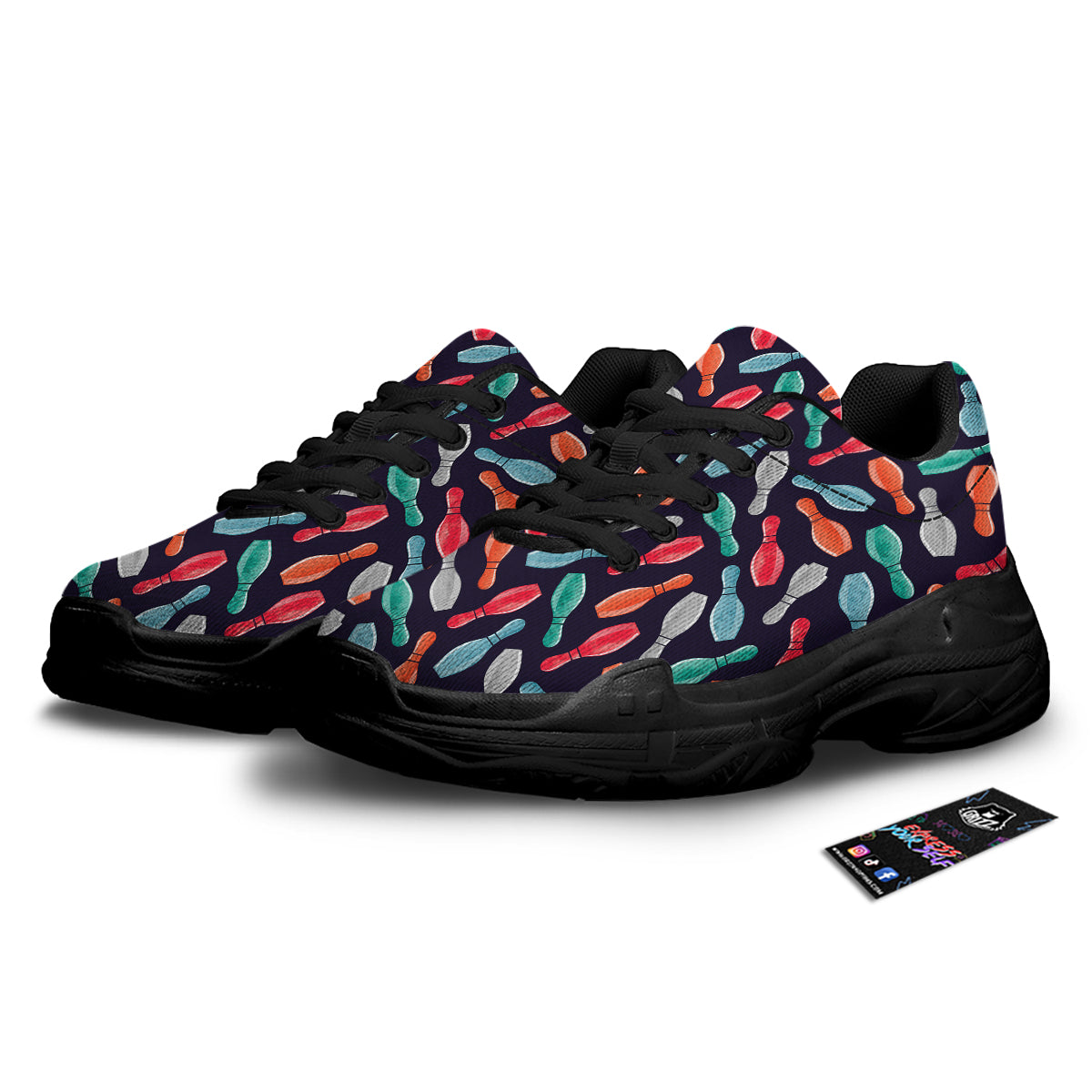 Bowling Pins Watercolor Print Pattern Black Chunky Shoes-grizzshop