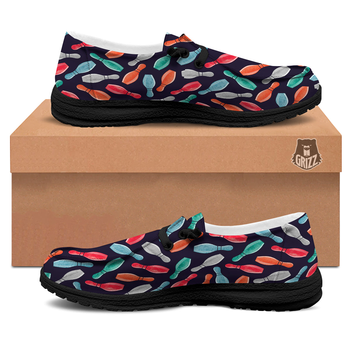 Bowling Pins Watercolor Print Pattern Black Loafers-grizzshop