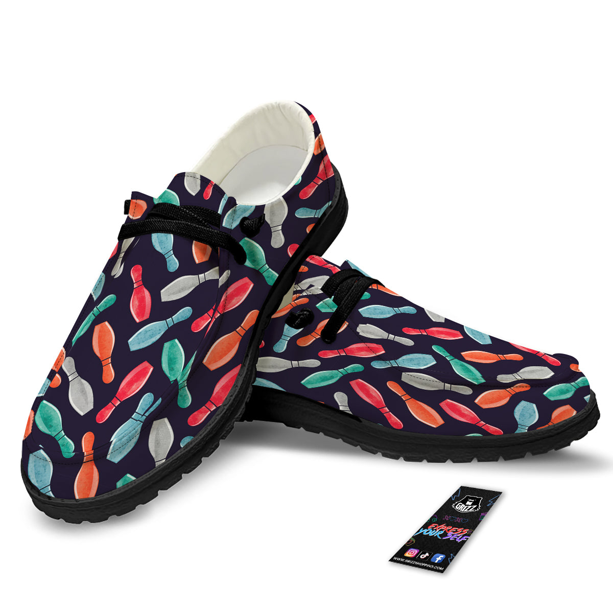 Bowling Pins Watercolor Print Pattern Black Loafers-grizzshop