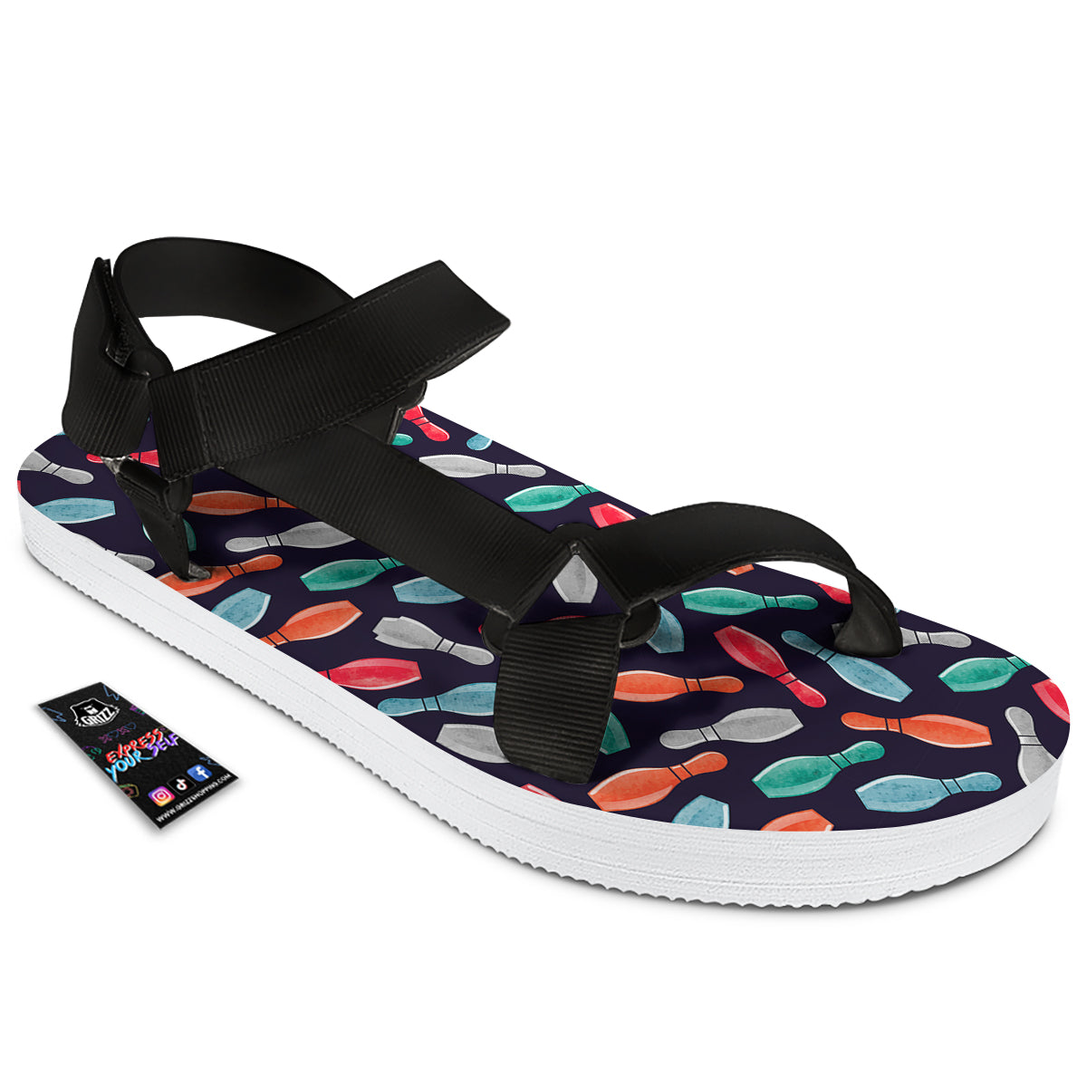 Bowling Pins Watercolor Print Pattern Black Open Toe Sandals-grizzshop