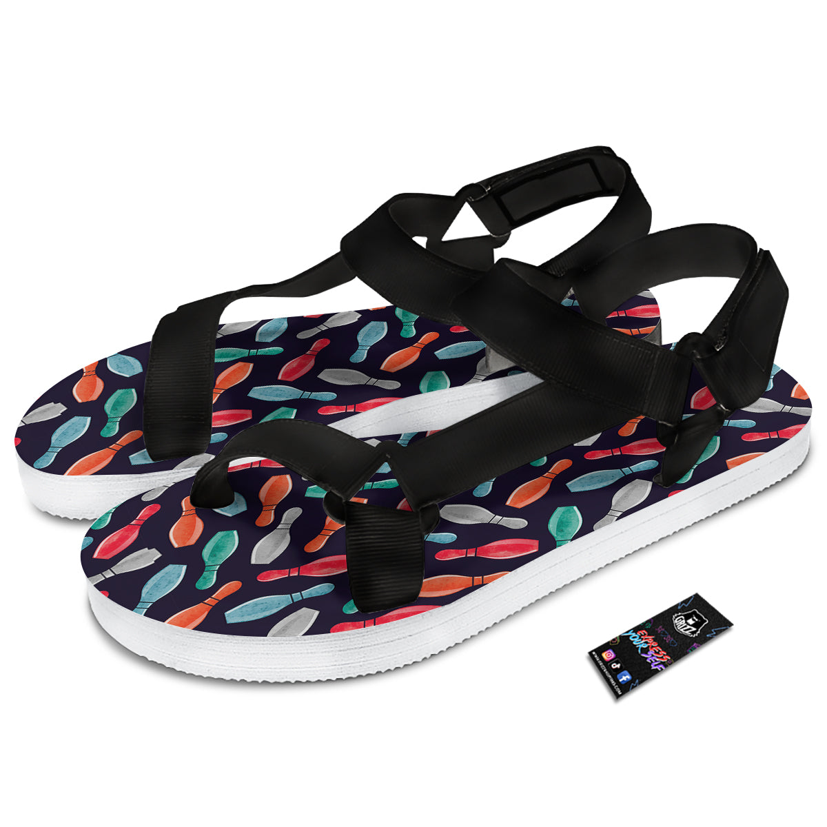 Bowling Pins Watercolor Print Pattern Black Open Toe Sandals-grizzshop