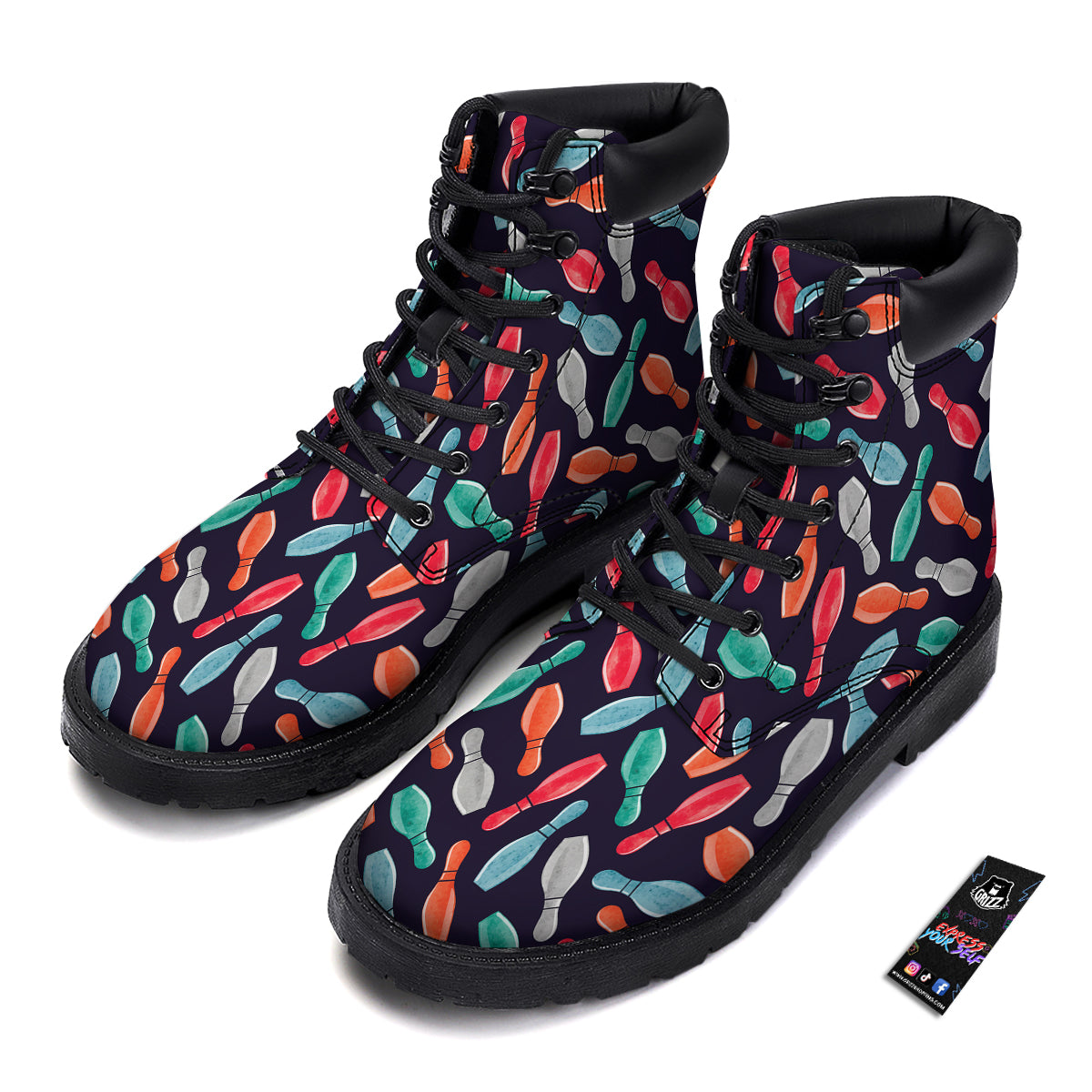 Bowling Pins Watercolor Print Pattern Boots-grizzshop