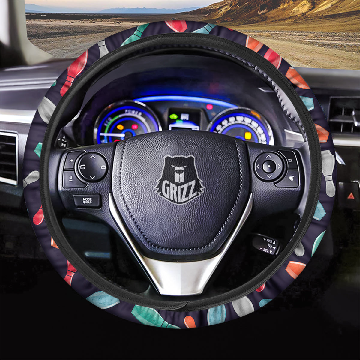Bowling Pins Watercolor Print Pattern Car Steering Wheel Cover-grizzshop